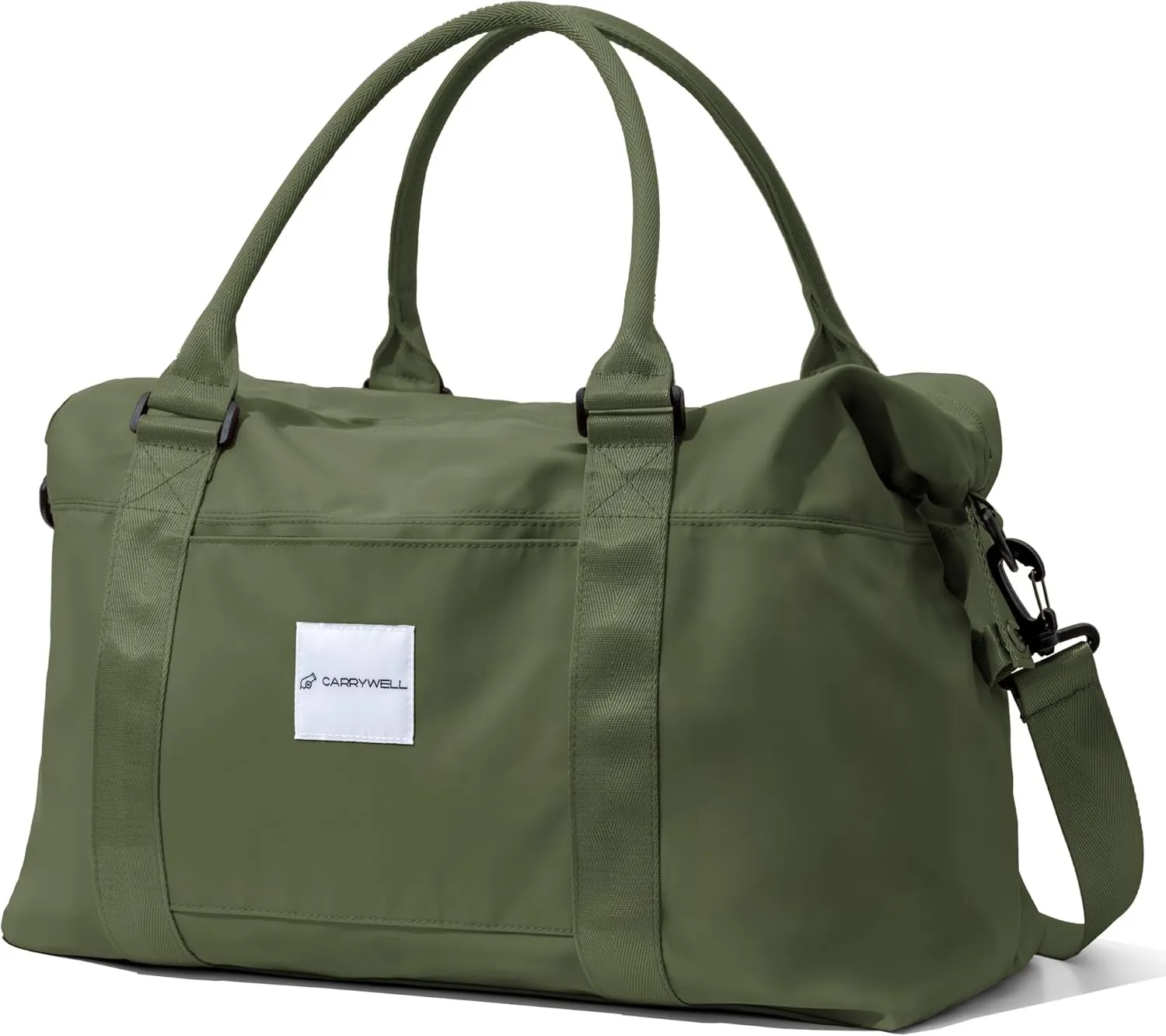 (Not Made In China) Travel Duffel Bag For Women, Waterproof Gym Tote, Overnight Weekender and Personal Item Bag, Carry On Duffle With Shoulder Strap and Luggage Trolley Sleeve (Olive Green)