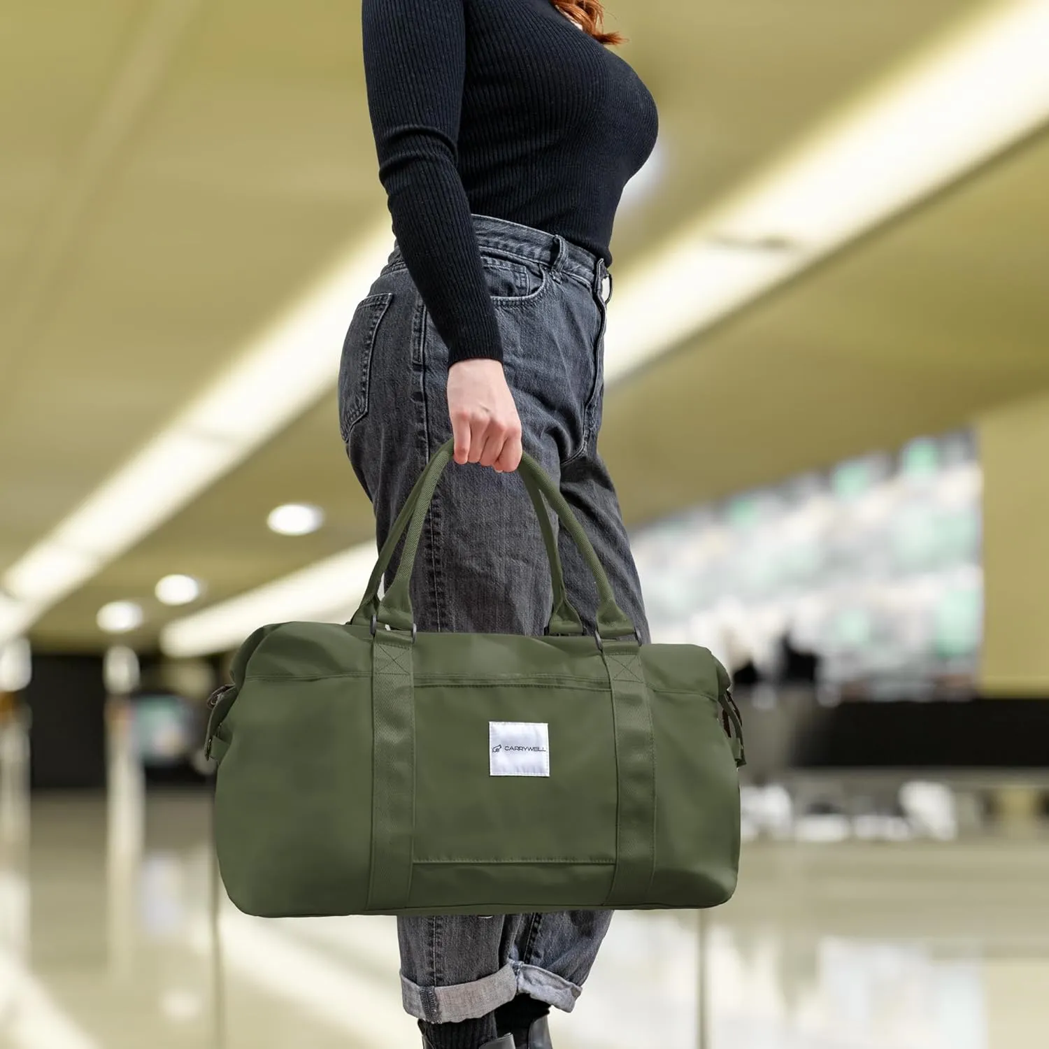 (Not Made In China) Travel Duffel Bag For Women, Waterproof Gym Tote, Overnight Weekender and Personal Item Bag, Carry On Duffle With Shoulder Strap and Luggage Trolley Sleeve (Olive Green)