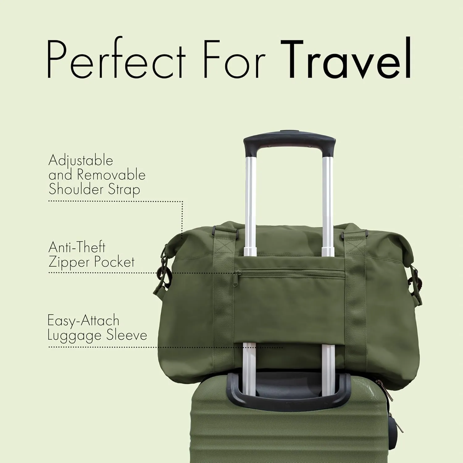 (Not Made In China) Travel Duffel Bag For Women, Waterproof Gym Tote, Overnight Weekender and Personal Item Bag, Carry On Duffle With Shoulder Strap and Luggage Trolley Sleeve (Olive Green)