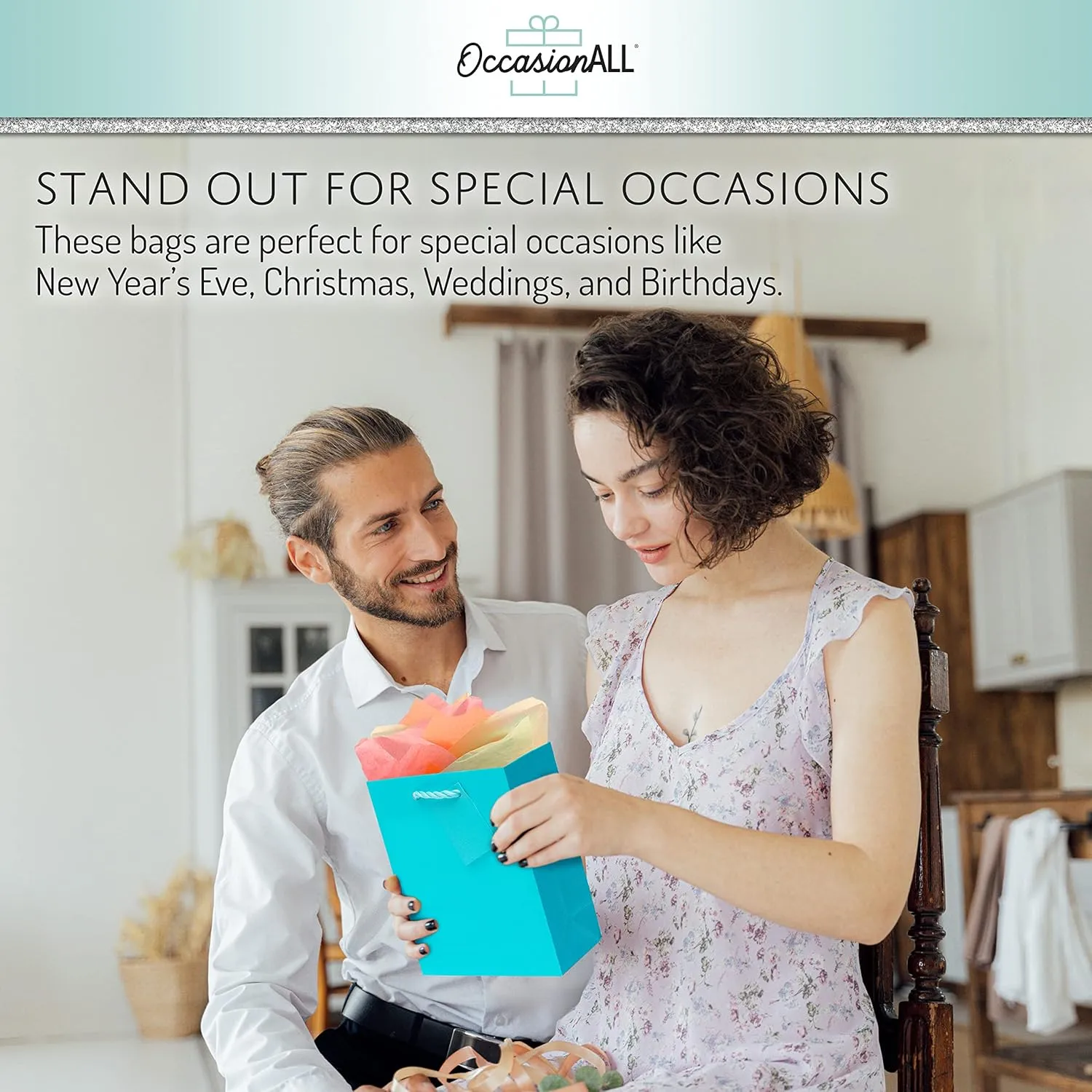 OccasionALL Teal Gift Bags with Handles, Shopping Totes for Weddings, Showers, Party Favors, Birthdays, Small Business, Retail, 6x3x7.5 12 Pack