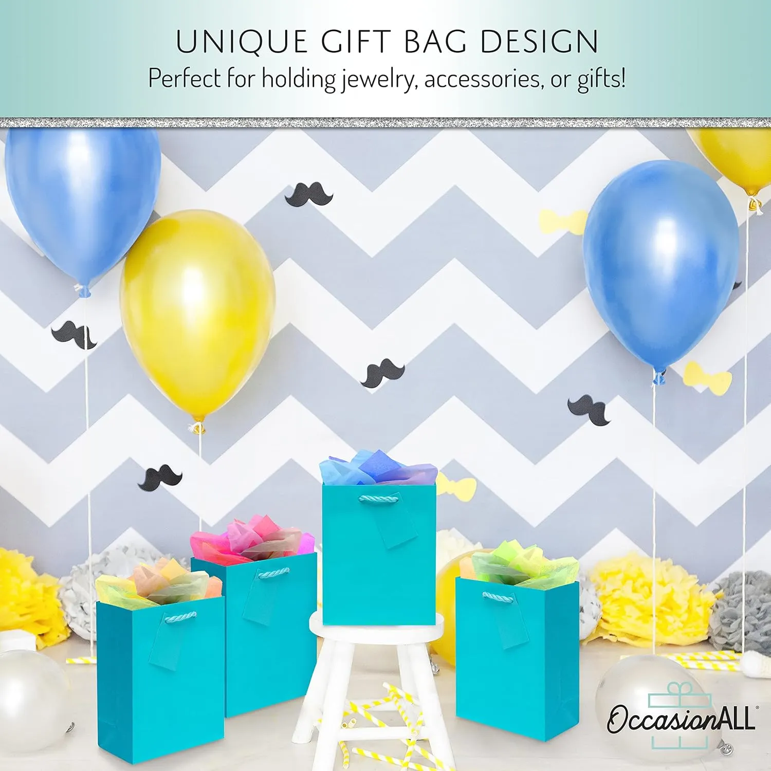 OccasionALL Teal Gift Bags with Handles, Shopping Totes for Weddings, Showers, Party Favors, Birthdays, Small Business, Retail, 6x3x7.5 12 Pack