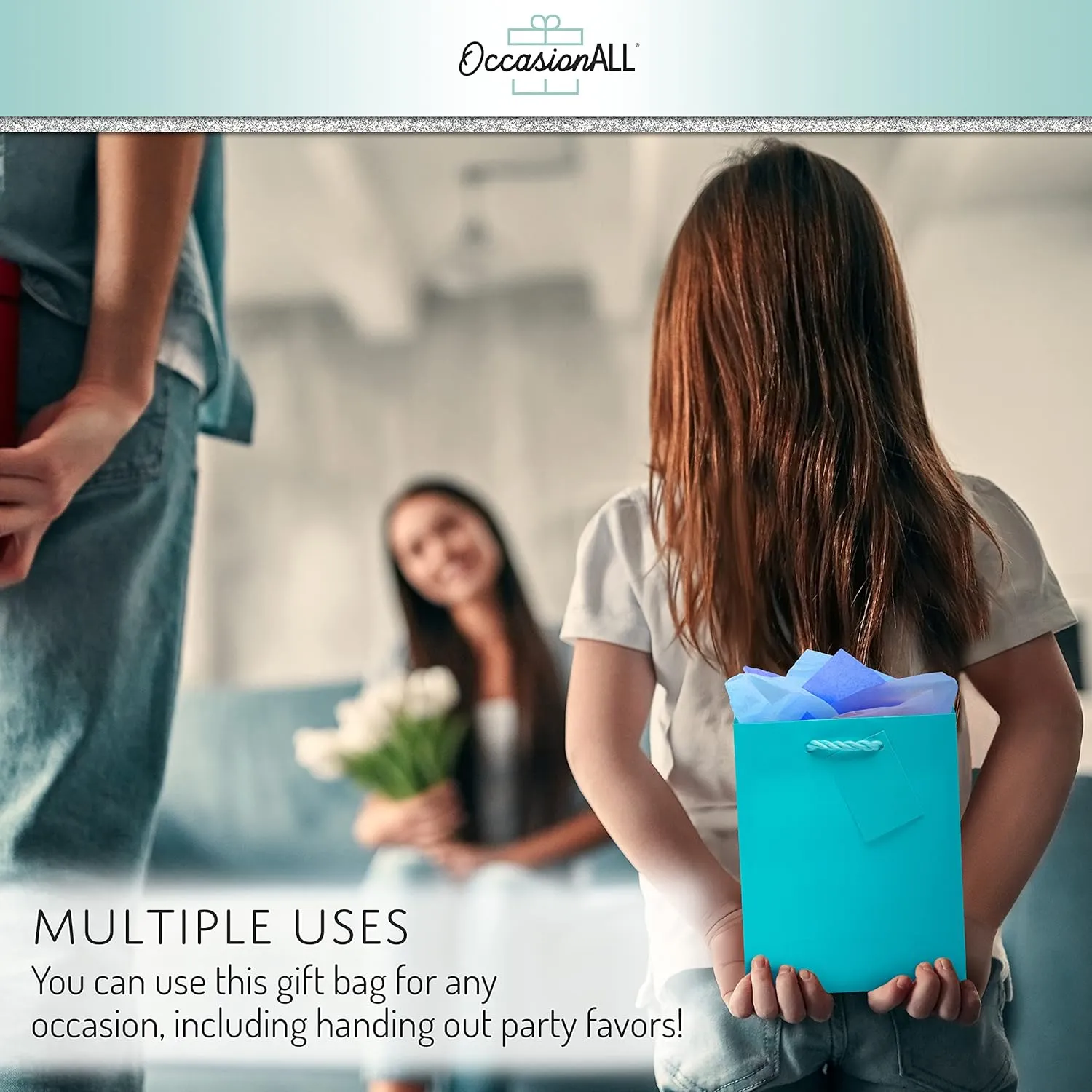 OccasionALL Teal Gift Bags with Handles, Shopping Totes for Weddings, Showers, Party Favors, Birthdays, Small Business, Retail, 6x3x7.5 12 Pack