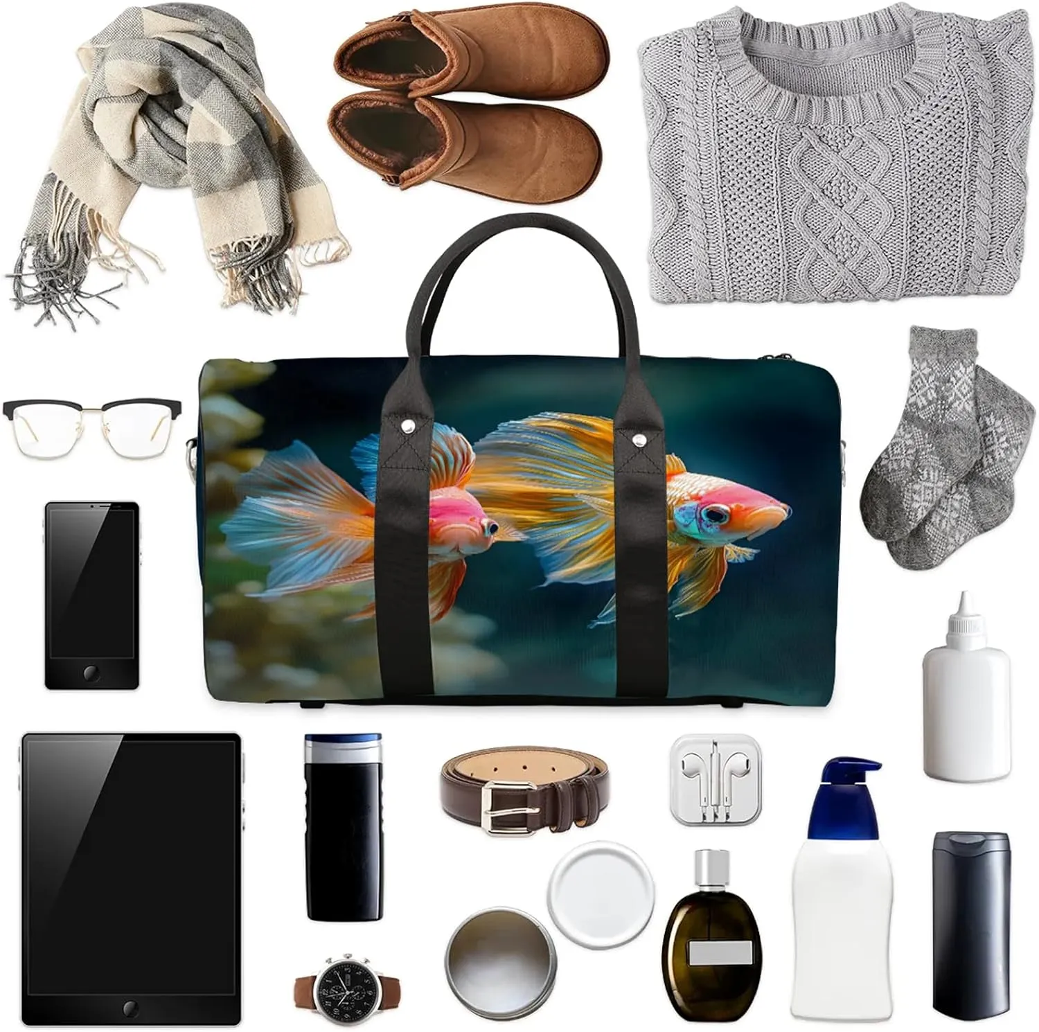 Ocean Fish Duffle Bag for Travel, Overnight Weekend Gym Carry On Luggage Bag, Fish Printed Travel Duffel Bag for Men Women