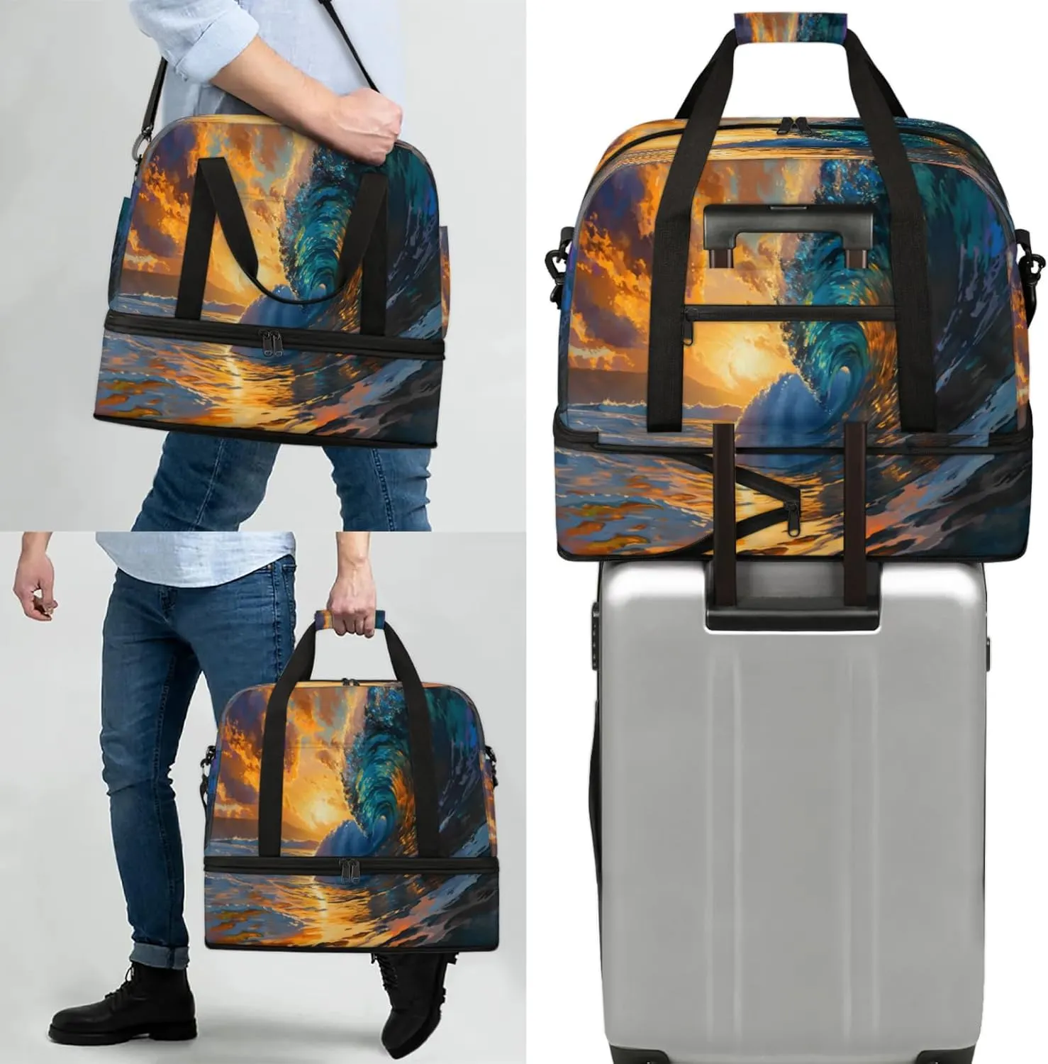 Ocean Sunset ArtTravel Duffel Bags for Women & Men Large Sports Gym Bags Foldie Weekender Overnight Bag Carry On Tote Bag With Shoe Compartment Personal Item Bag for Travel Sports Gym