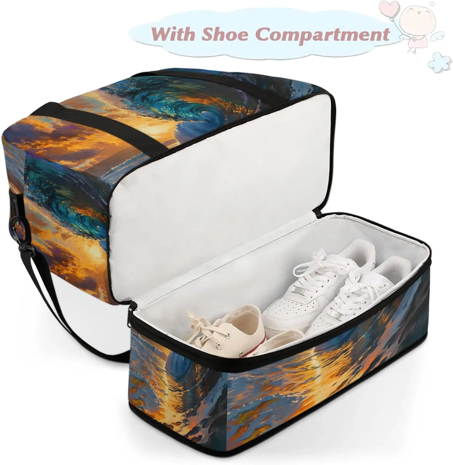Ocean Sunset ArtTravel Duffel Bags for Women & Men Large Sports Gym Bags Foldie Weekender Overnight Bag Carry On Tote Bag With Shoe Compartment Personal Item Bag for Travel Sports Gym