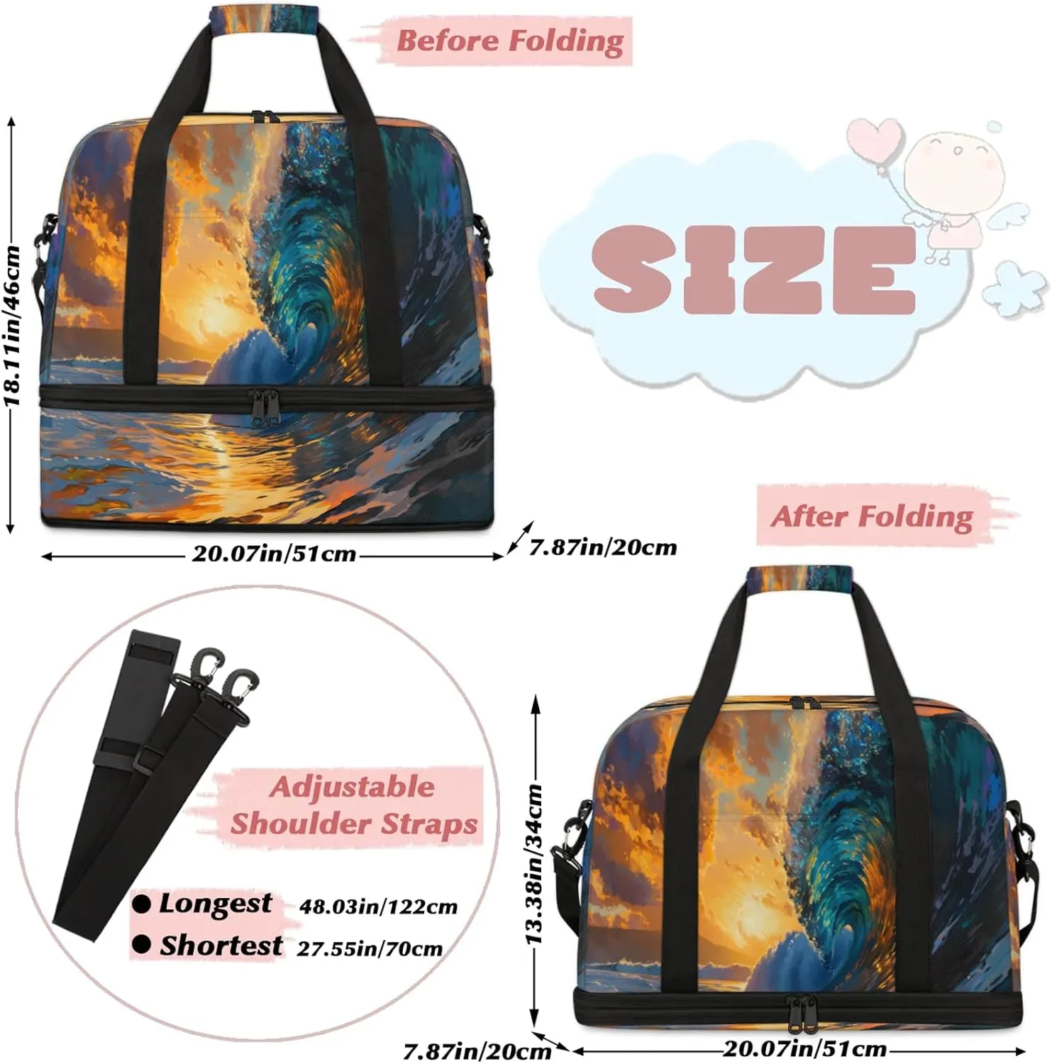 Ocean Sunset ArtTravel Duffel Bags for Women & Men Large Sports Gym Bags Foldie Weekender Overnight Bag Carry On Tote Bag With Shoe Compartment Personal Item Bag for Travel Sports Gym