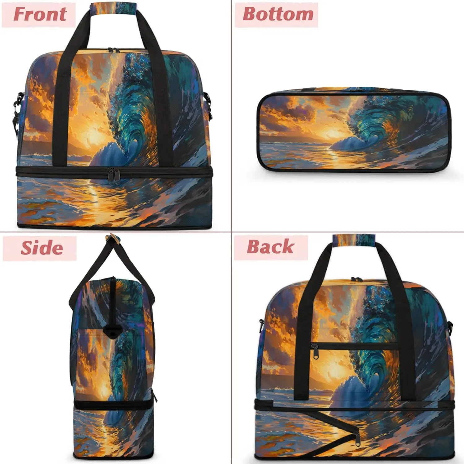 Ocean Sunset ArtTravel Duffel Bags for Women & Men Large Sports Gym Bags Foldie Weekender Overnight Bag Carry On Tote Bag With Shoe Compartment Personal Item Bag for Travel Sports Gym