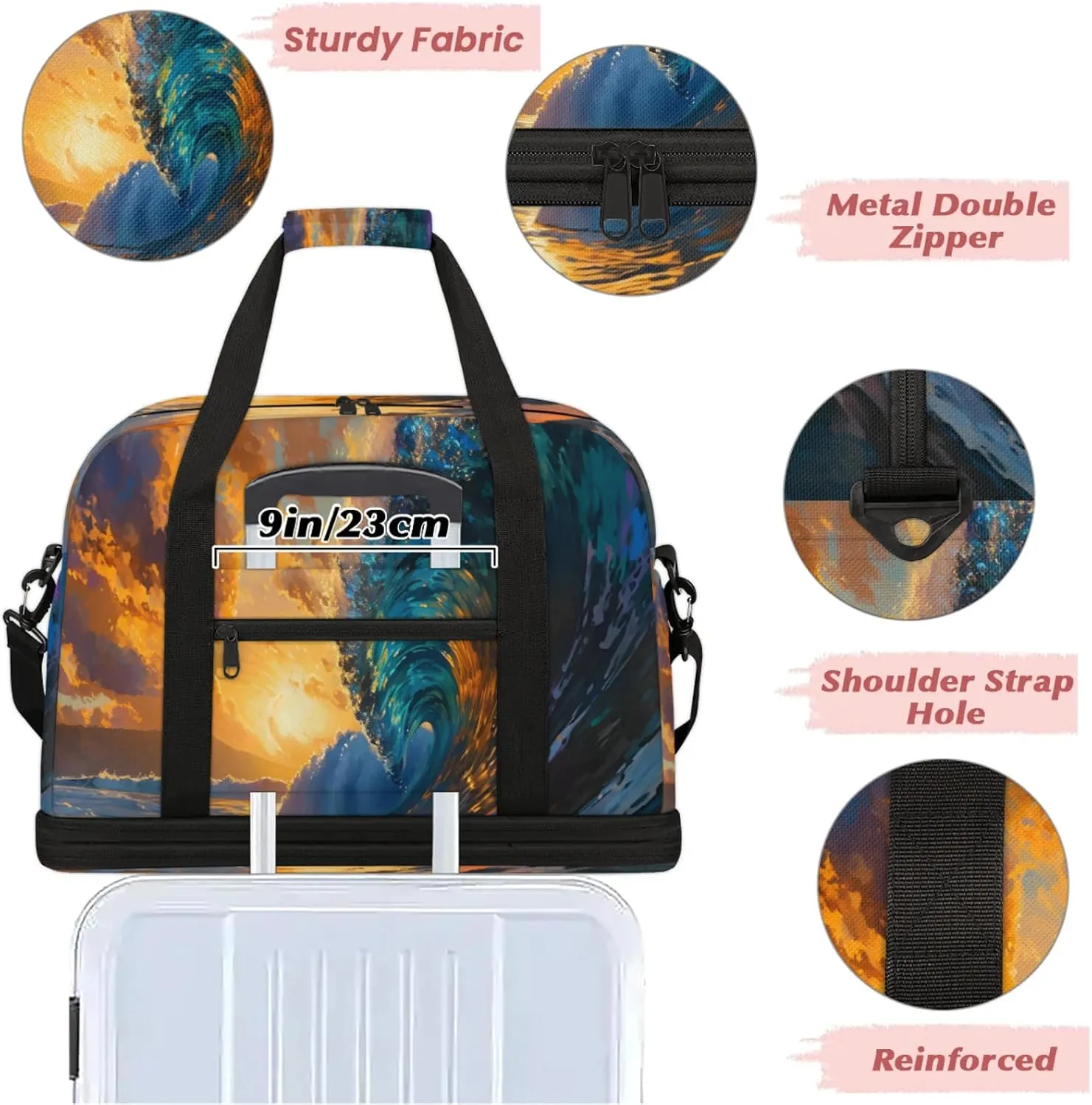 Ocean Sunset ArtTravel Duffel Bags for Women & Men Large Sports Gym Bags Foldie Weekender Overnight Bag Carry On Tote Bag With Shoe Compartment Personal Item Bag for Travel Sports Gym