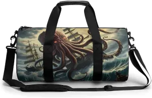 Octopus Monster Storm Waves and Sailors Ship Funny Gym Bag Travel Tote Bag Duffel Bag for Men Women Weekender Sports Vacation