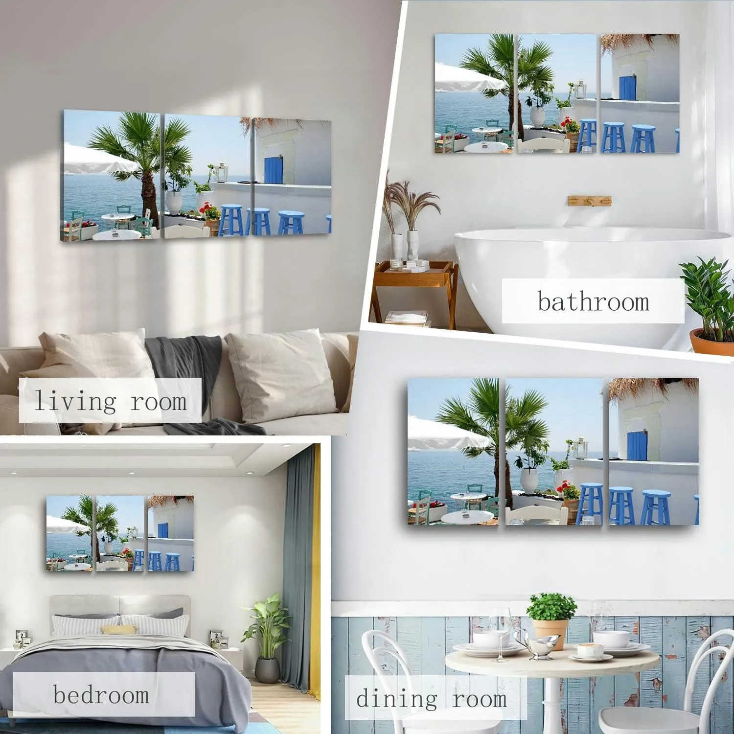 Open air restaurant by the sea Athens Greece 3 Piece Canvas Wall Art for Living Room Bedroom Office Framed Prints Pictures Painting Wall Decor Artwork for Walls Set of 3