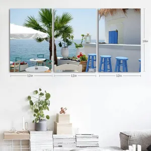 Open air restaurant by the sea Athens Greece 3 Piece Canvas Wall Art for Living Room Bedroom Office Framed Prints Pictures Painting Wall Decor Artwork for Walls Set of 3