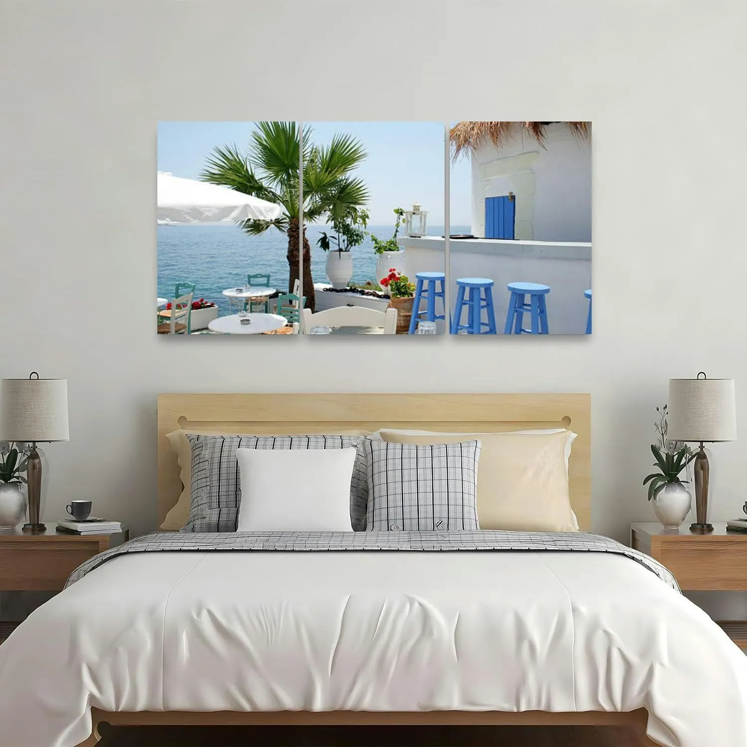 Open air restaurant by the sea Athens Greece 3 Piece Canvas Wall Art for Living Room Bedroom Office Framed Prints Pictures Painting Wall Decor Artwork for Walls Set of 3