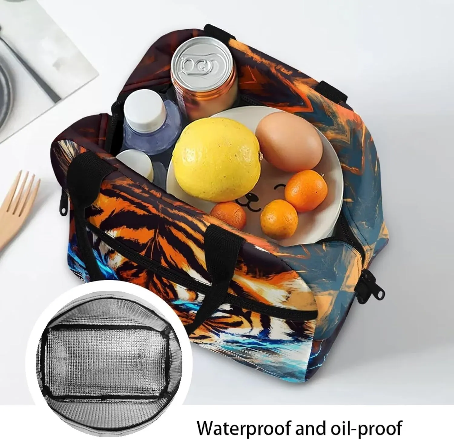 Orange Tiger Bento Lunch Box Kids Boys Cool Animal Insulated Lunch Bag Cooler for Camping Long Shoulder Strap Lunchbox Pouch Ideal for Daily Use
