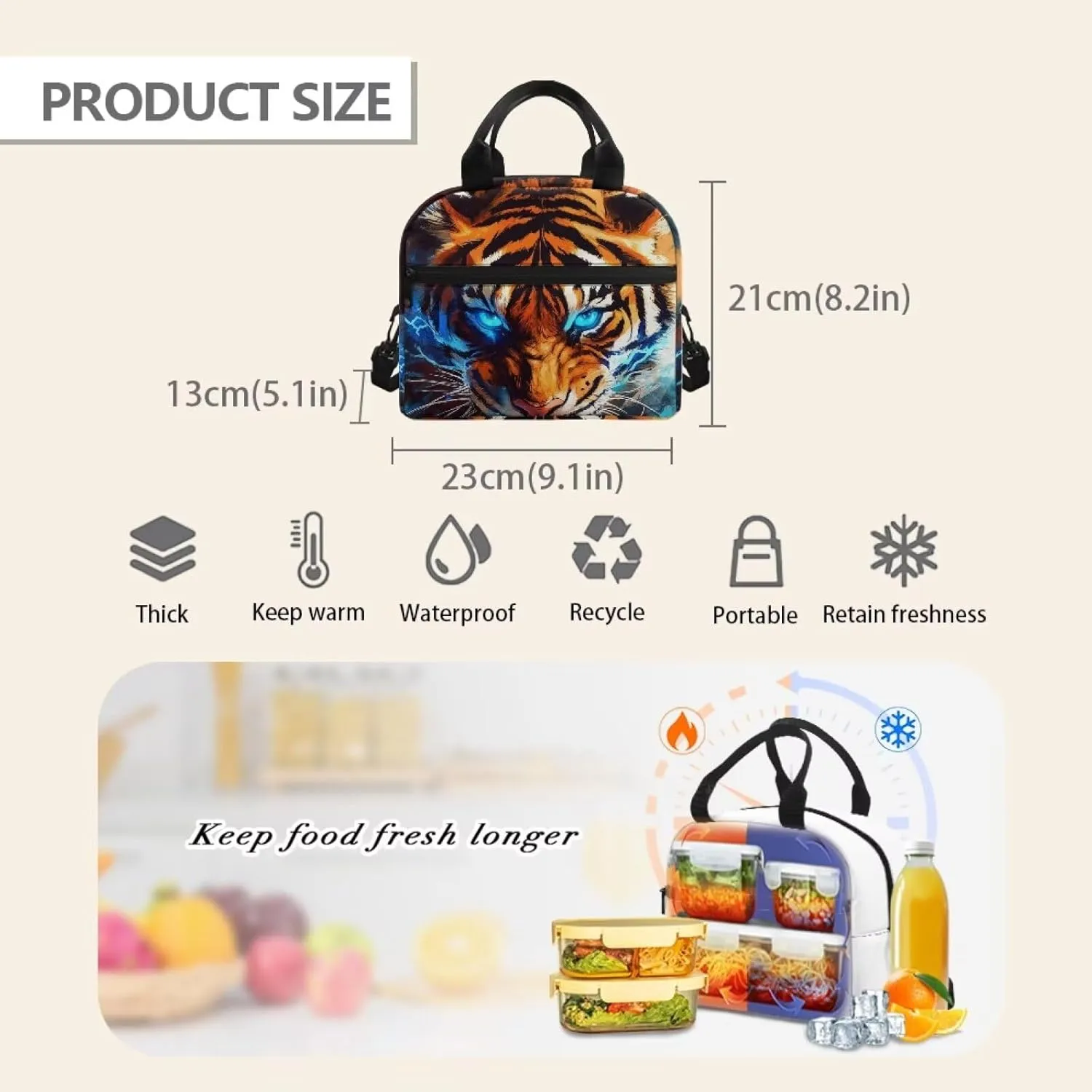 Orange Tiger Bento Lunch Box Kids Boys Cool Animal Insulated Lunch Bag Cooler for Camping Long Shoulder Strap Lunchbox Pouch Ideal for Daily Use