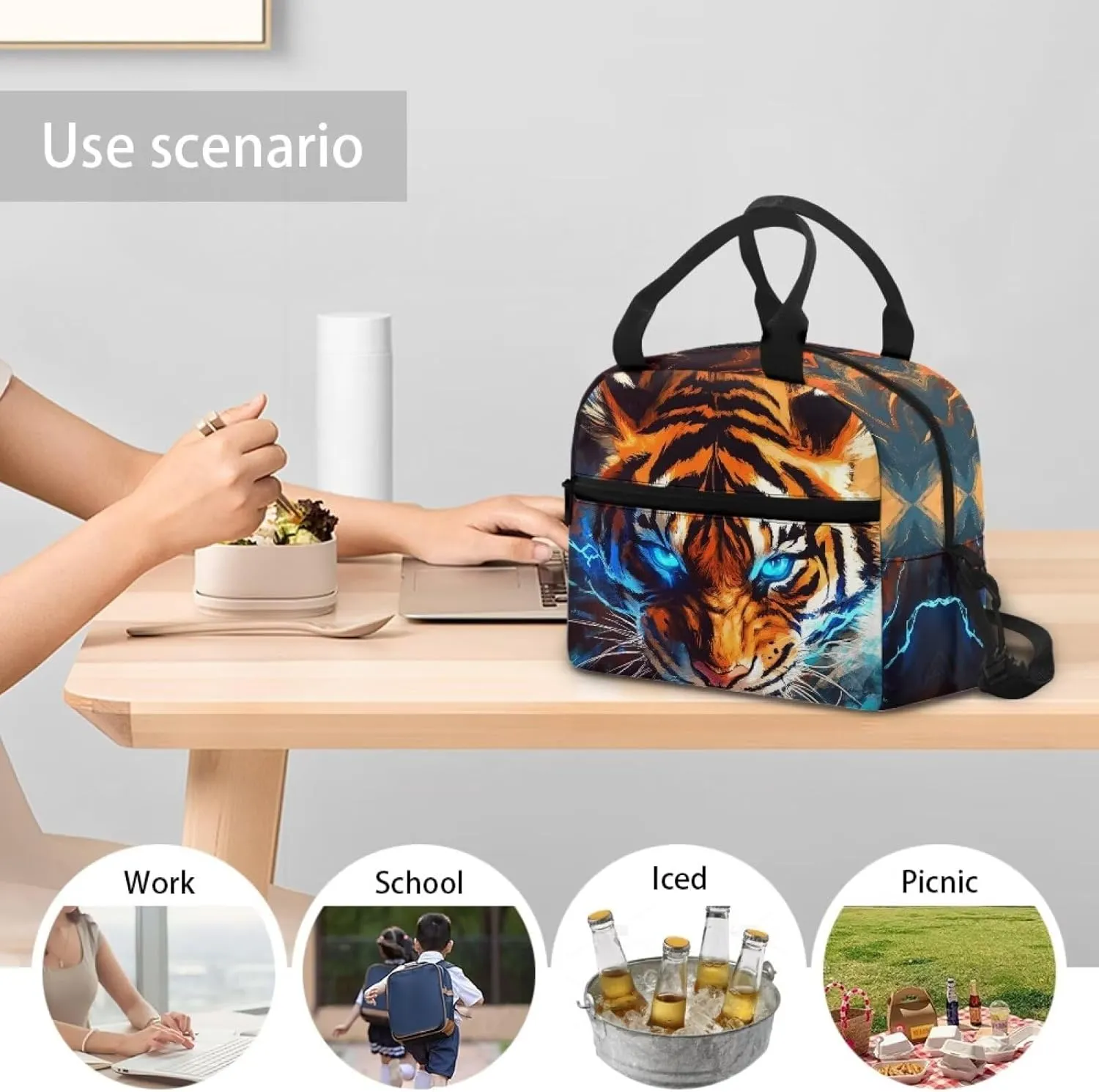Orange Tiger Bento Lunch Box Kids Boys Cool Animal Insulated Lunch Bag Cooler for Camping Long Shoulder Strap Lunchbox Pouch Ideal for Daily Use