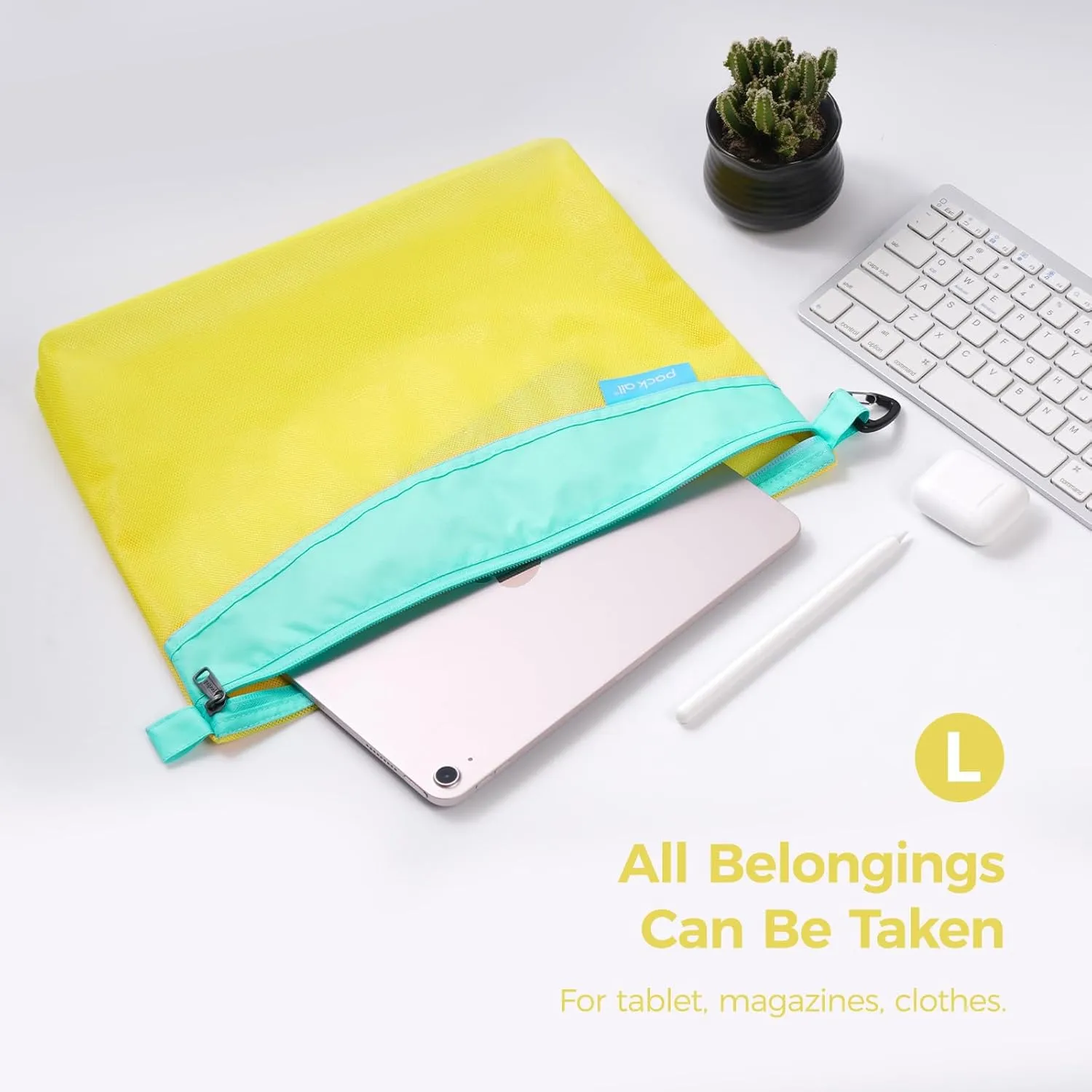 pack all Water-resistant Material Zipper Pouch, Mesh Zipper Bag for Storage, Travel, Office (Large, Yellow)