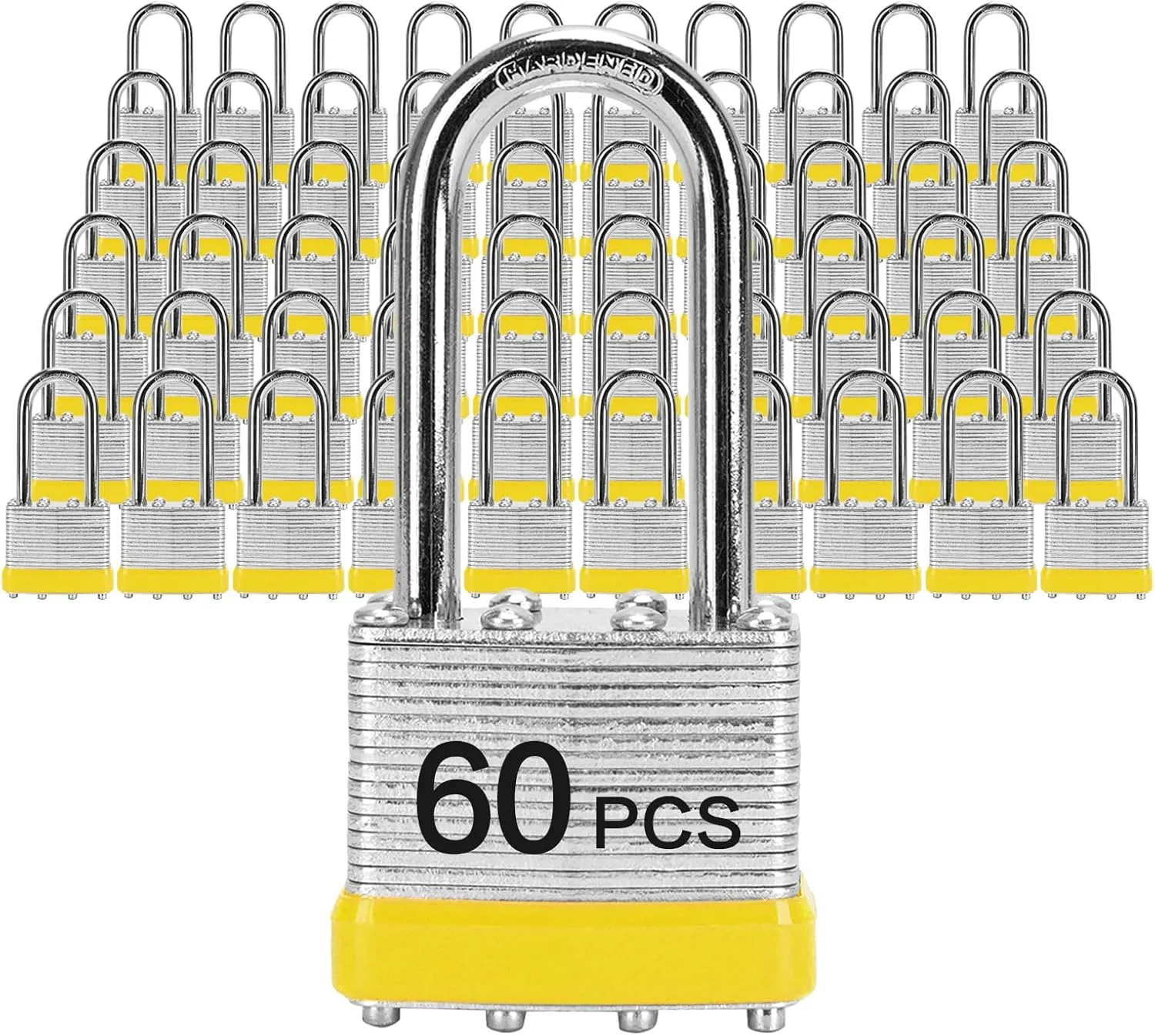 Padlocks with Same Key, LQYN 60 Pcs Laminated Keyed Padlock (1-9/16", 40mm), Keyed Alike Locks, Long Shackle, for Storage Locker, Hasp Latch, Toolbox, Sheds
