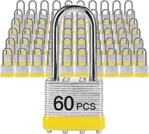 Padlocks with Same Key, LQYN 60 Pcs Laminated Keyed Padlock (1-9/16", 40mm), Keyed Alike Locks, Long Shackle, for Storage Locker, Hasp Latch, Toolbox, Sheds