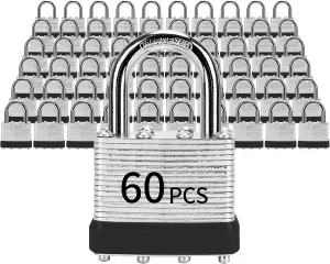 Padlocks with Same Key, LQYN 60 Pcs Laminated Keyed Padlock (1-9/16", 40mm), Keyed Alike Locks, Normal Shackle, for Storage Locker, Hasp Latch, Toolbox, Sheds