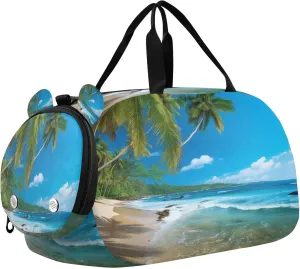 Palm Tree Beach Sea Kids Overnight Sports Duffel Bags with Shoe Compartment & Wet Pocket Travel Sport Gym Bag for Girls Boys