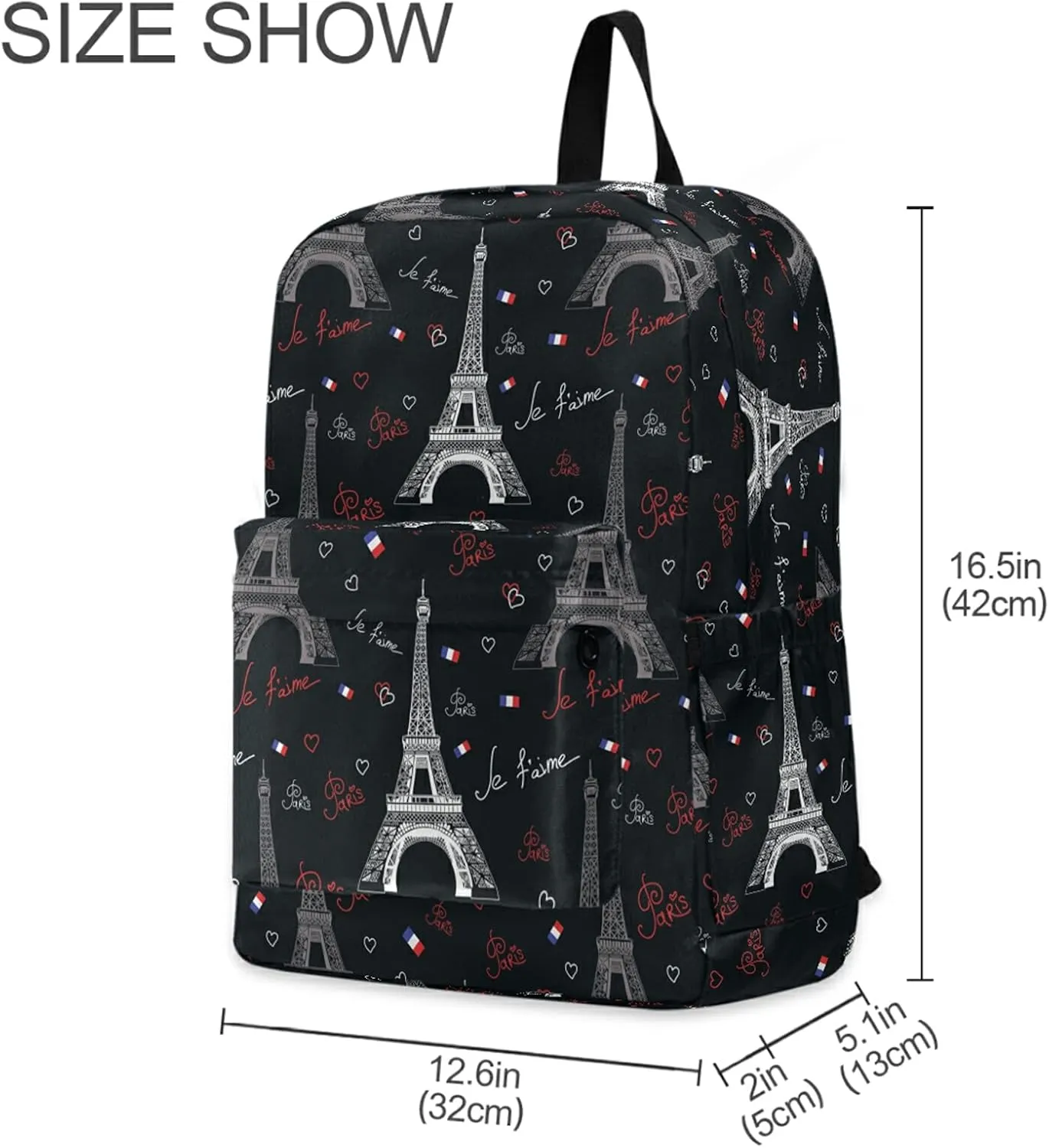 Paris Eiffel Towers Hearts Polyester Computer Backpack Large Daypack for Business Sport Travel School Bookbags