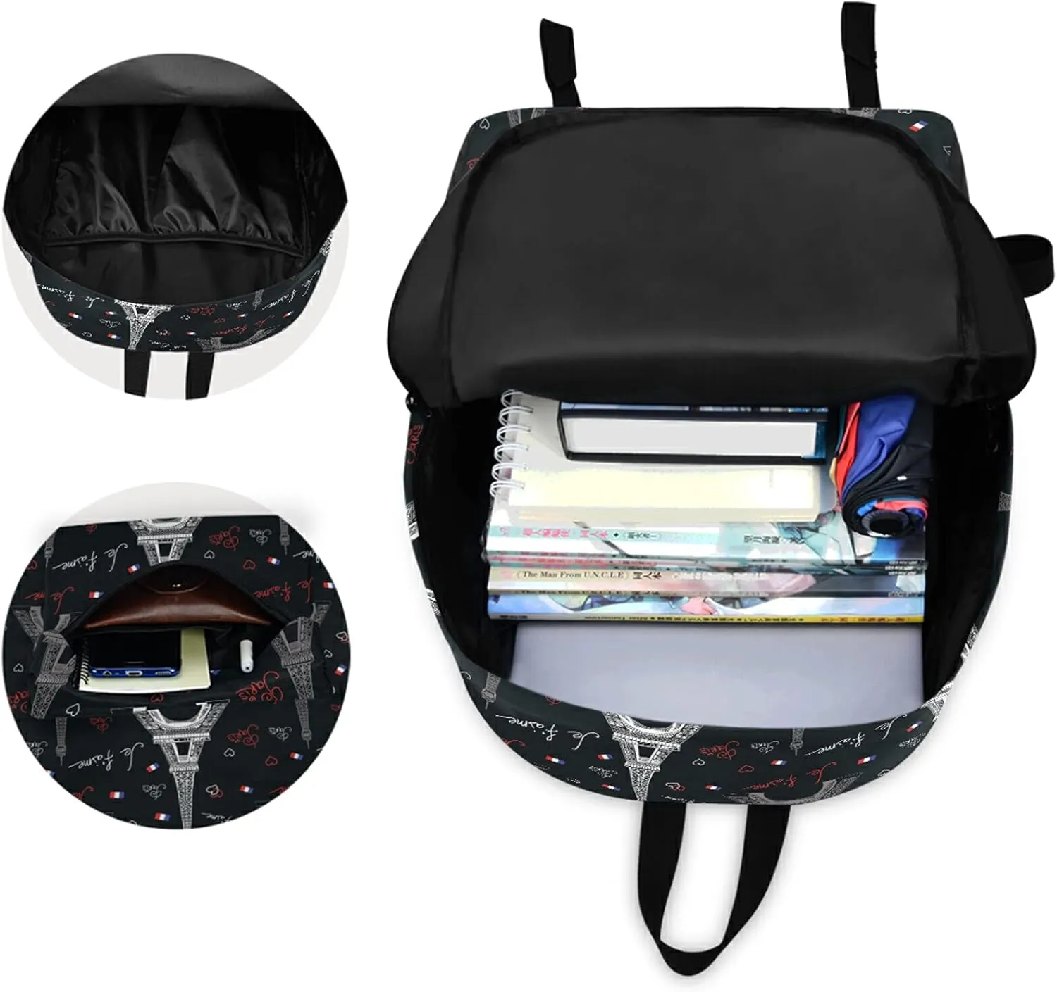 Paris Eiffel Towers Hearts Polyester Computer Backpack Large Daypack for Business Sport Travel School Bookbags