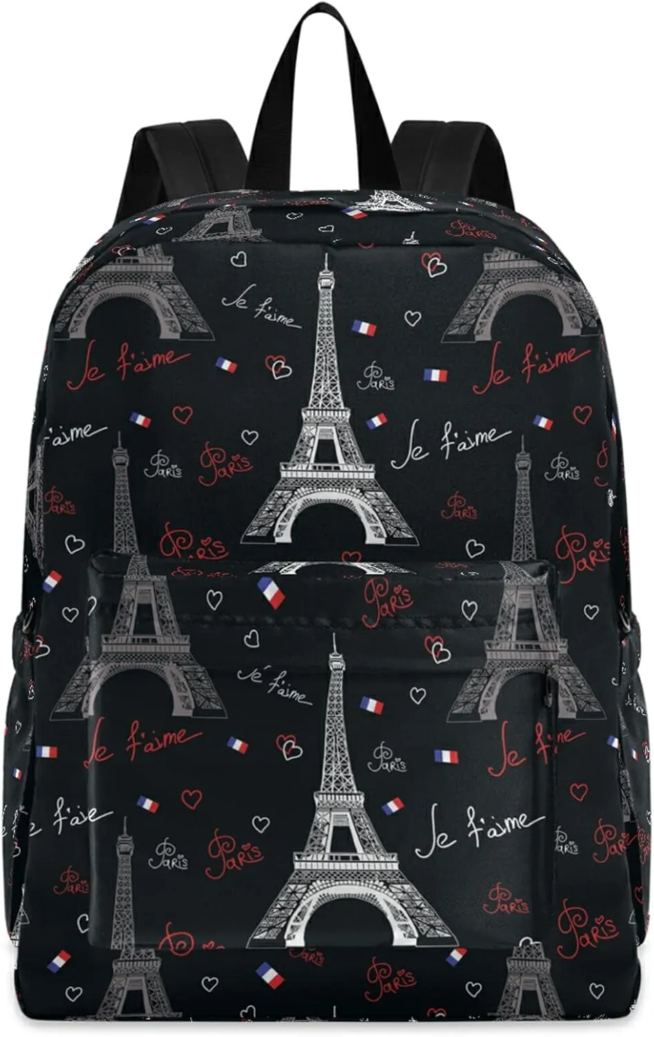 Paris Eiffel Towers Hearts Polyester Computer Backpack Large Daypack for Business Sport Travel School Bookbags