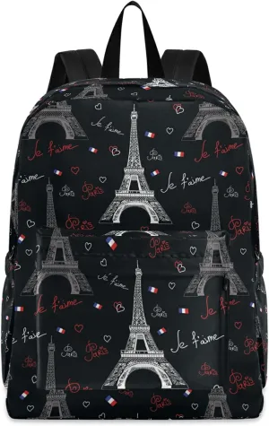 Paris Eiffel Towers Hearts Polyester Computer Backpack Large Daypack for Business Sport Travel School Bookbags