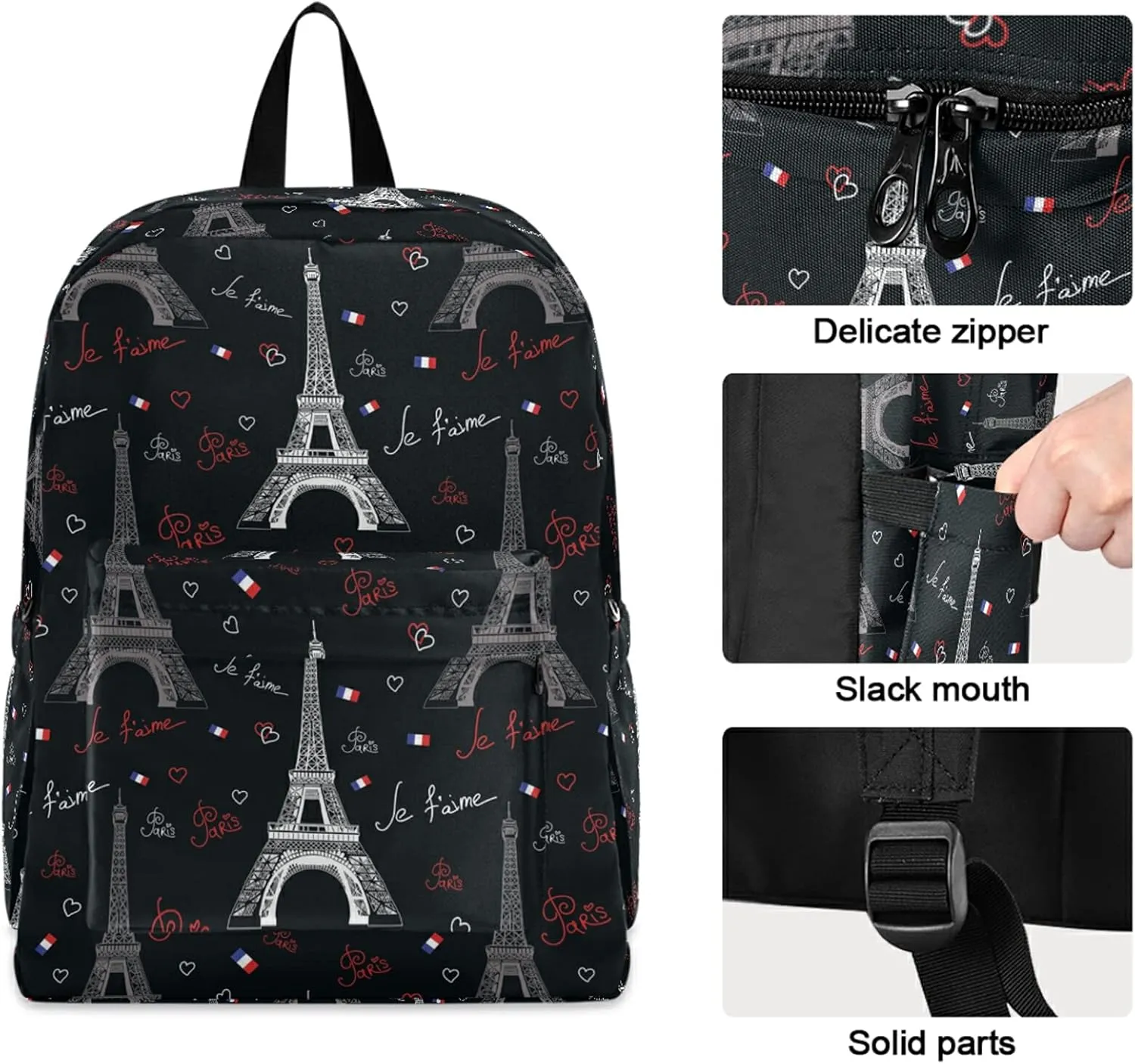 Paris Eiffel Towers Hearts Polyester Computer Backpack Large Daypack for Business Sport Travel School Bookbags