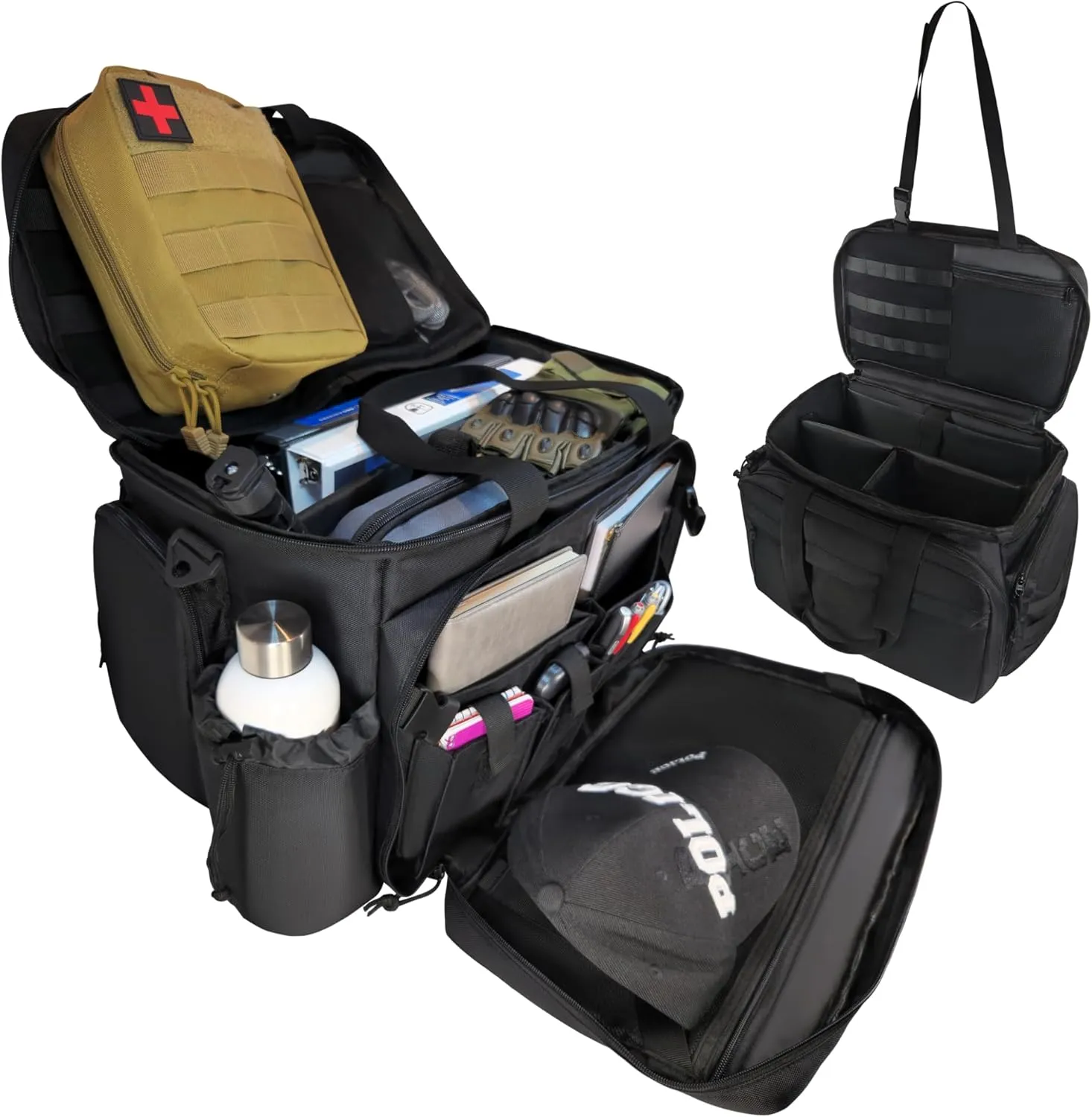 Patrol Bag for Law Enforcement | Police Gear Car Front Seat Organizer with 15.6” Laptop Sleeve, Cup Holder | Heavy Duty Bag with Multiple Compartments, Removable Straps | Fits Passenger Seat