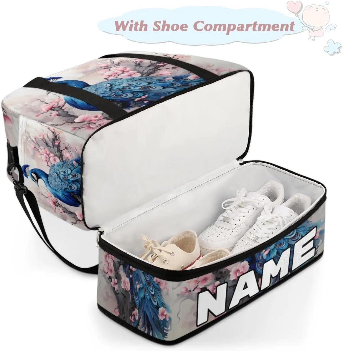 Peacock Print Custom Foldable Duffle Bag with Shoes Compartment Personalized Large Capacity Waterproof Travel Weekender Bag Overnight Bag for Sports Gym