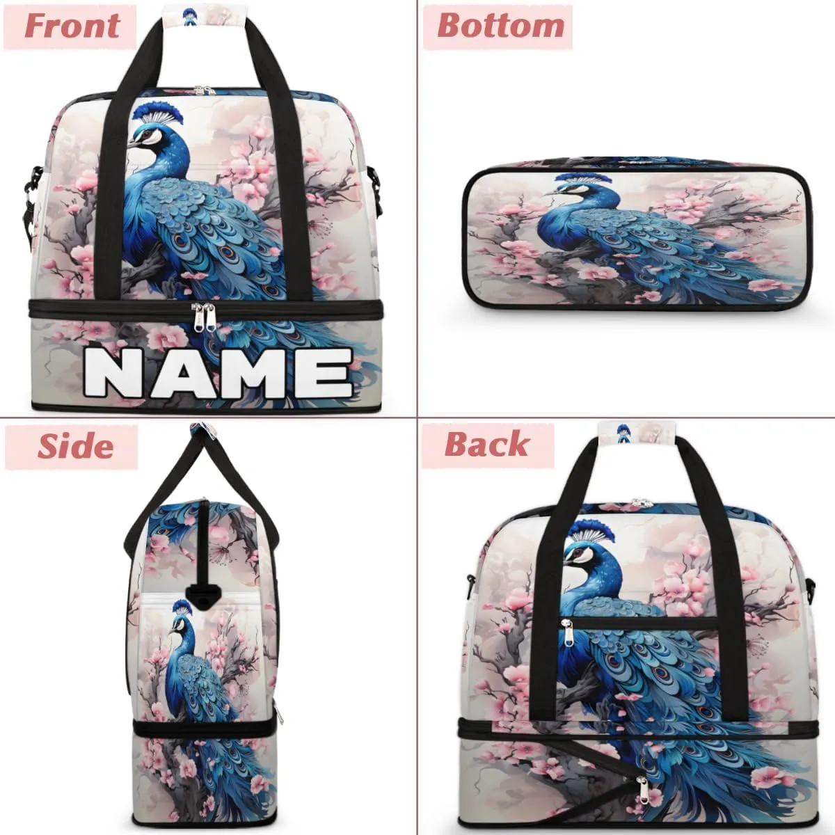 Peacock Print Custom Foldable Duffle Bag with Shoes Compartment Personalized Large Capacity Waterproof Travel Weekender Bag Overnight Bag for Sports Gym