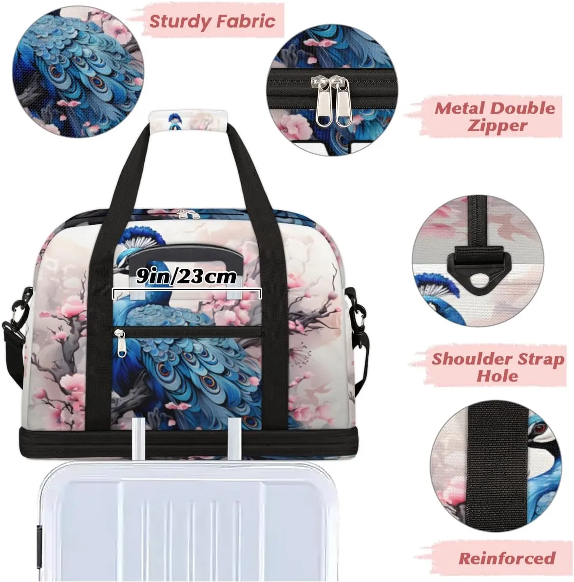 Peacock Print Custom Foldable Duffle Bag with Shoes Compartment Personalized Large Capacity Waterproof Travel Weekender Bag Overnight Bag for Sports Gym