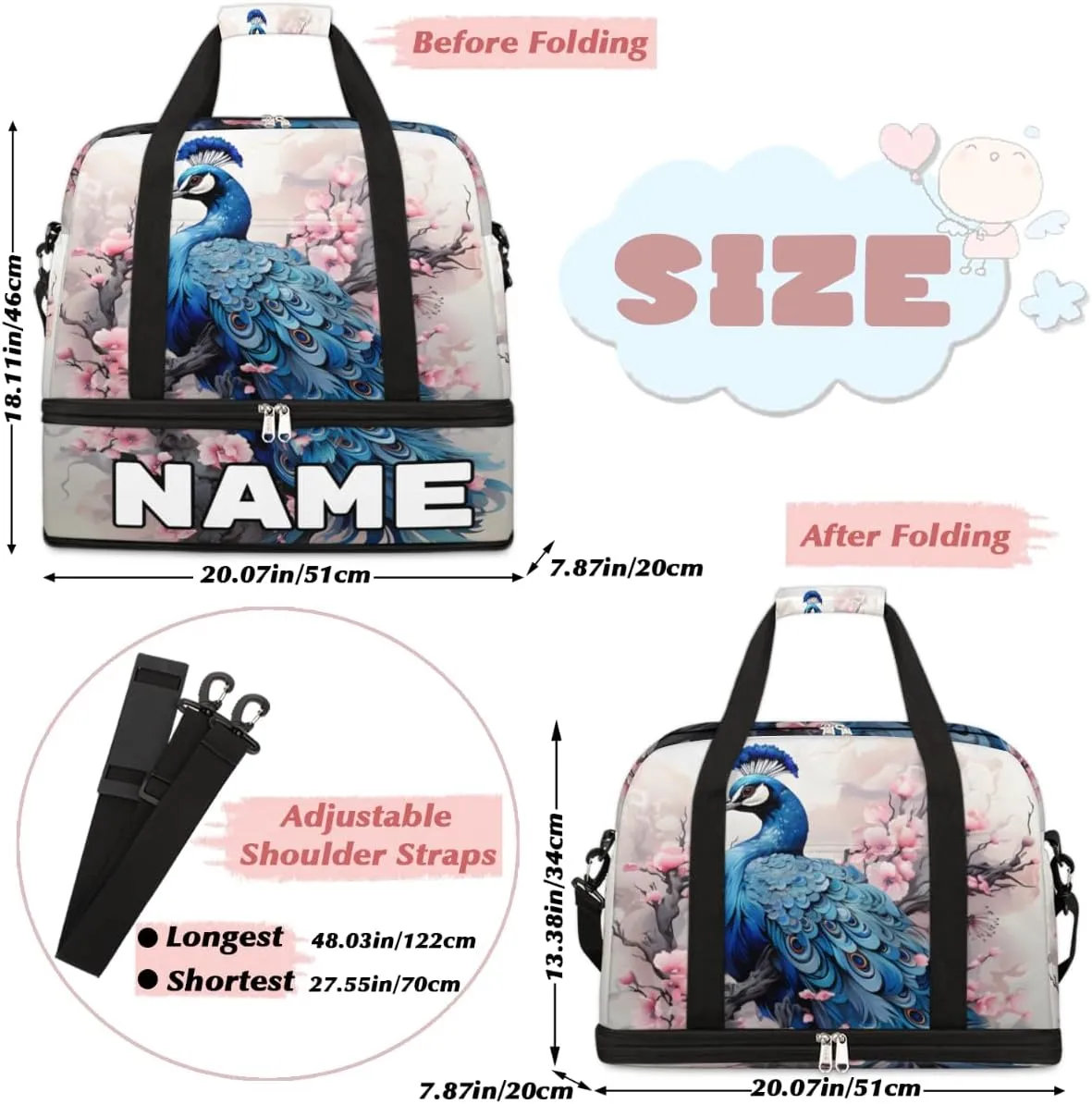 Peacock Print Custom Foldable Duffle Bag with Shoes Compartment Personalized Large Capacity Waterproof Travel Weekender Bag Overnight Bag for Sports Gym