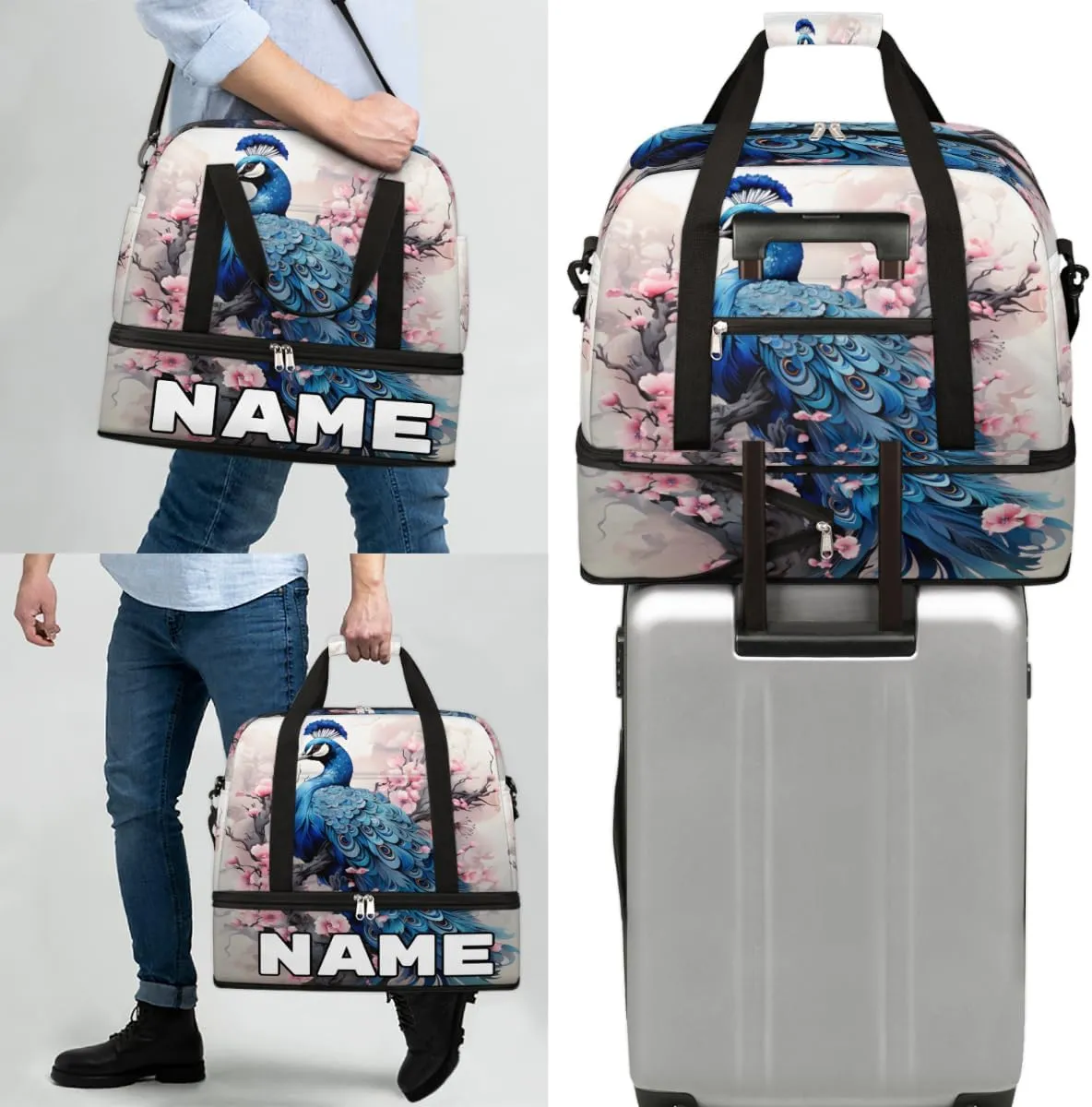 Peacock Print Custom Foldable Duffle Bag with Shoes Compartment Personalized Large Capacity Waterproof Travel Weekender Bag Overnight Bag for Sports Gym