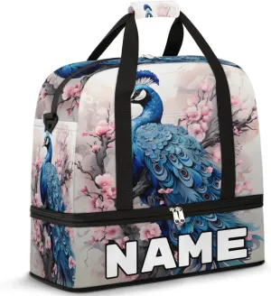 Peacock Print Custom Foldable Duffle Bag with Shoes Compartment Personalized Large Capacity Waterproof Travel Weekender Bag Overnight Bag for Sports Gym