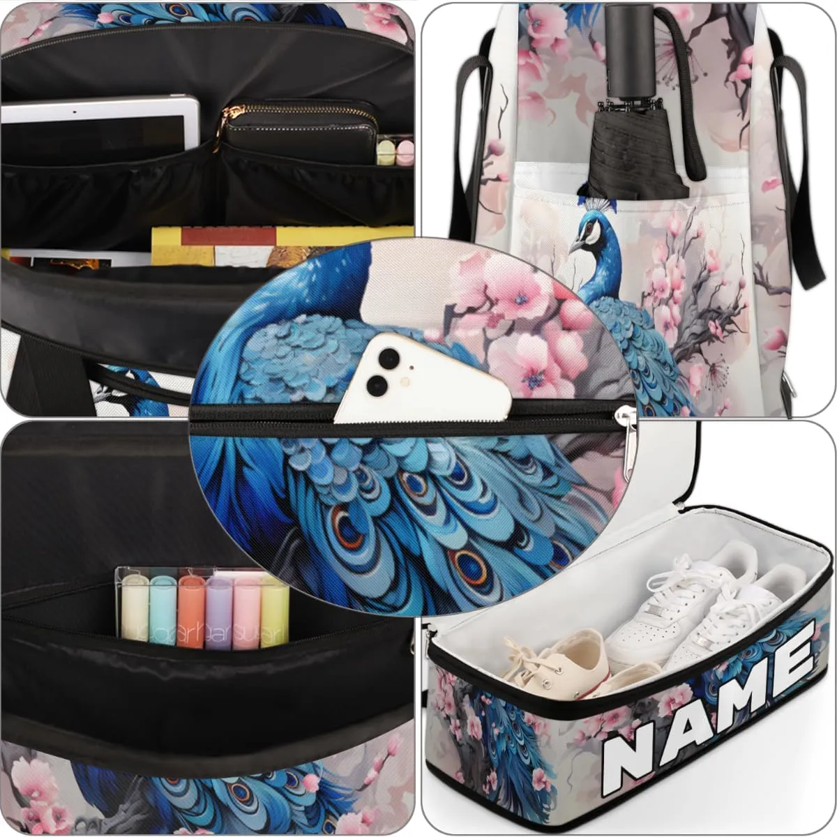 Peacock Print Custom Foldable Duffle Bag with Shoes Compartment Personalized Large Capacity Waterproof Travel Weekender Bag Overnight Bag for Sports Gym