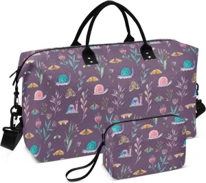 Personal Item Travel Bag for Women Snails with Flowers Gym Carry on Duffel Bags Carry On Shoulder Weekend Tote with Toiletry Bag for Airplane Traveling Large Capacity