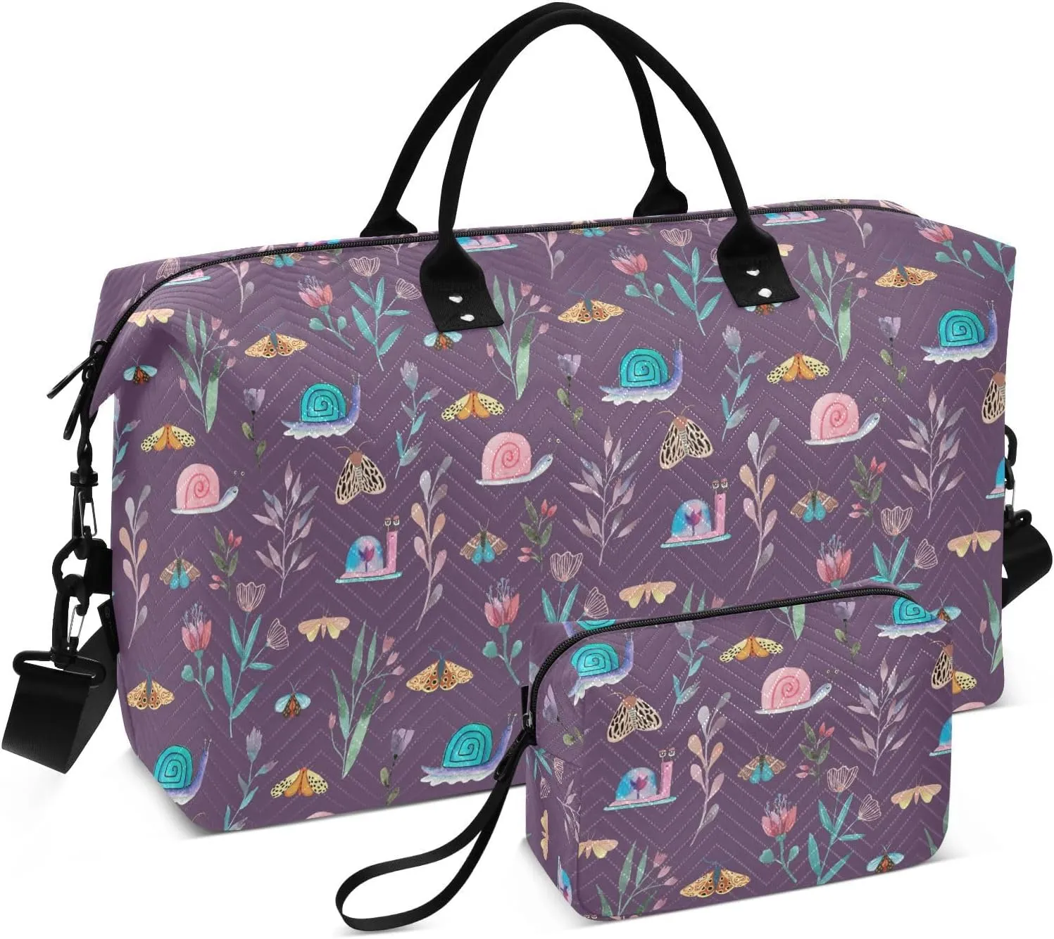 Personal Item Travel Bag for Women Snails with Flowers Gym Carry on Duffel Bags Carry On Shoulder Weekend Tote with Toiletry Bag for Airplane Traveling Large Capacity