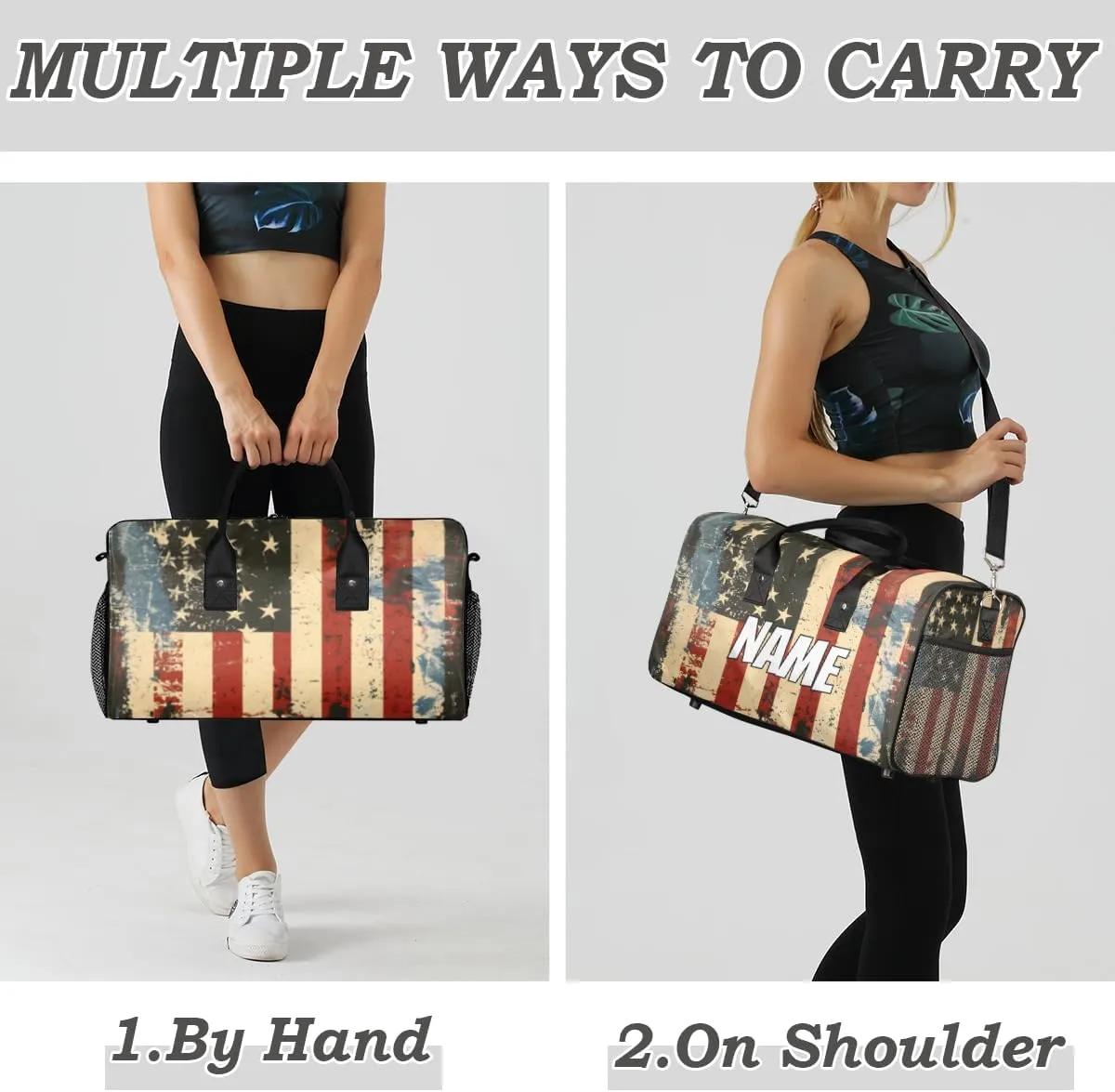 Personalized American Flag Travel Duffel Bag with Name, Custom Gym Sport Bag 4th of July Memorial Day Carry On Weekend Overnight Duffel Bag for Men Women