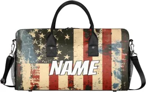 Personalized American Flag Travel Duffel Bag with Name, Custom Gym Sport Bag 4th of July Memorial Day Carry On Weekend Overnight Duffel Bag for Men Women