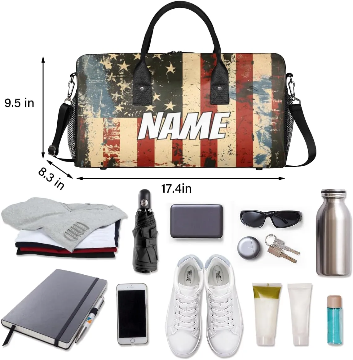 Personalized American Flag Travel Duffel Bag with Name, Custom Gym Sport Bag 4th of July Memorial Day Carry On Weekend Overnight Duffel Bag for Men Women