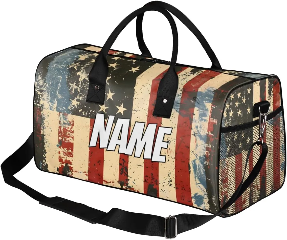 Personalized American Flag Travel Duffel Bag with Name, Custom Gym Sport Bag 4th of July Memorial Day Carry On Weekend Overnight Duffel Bag for Men Women