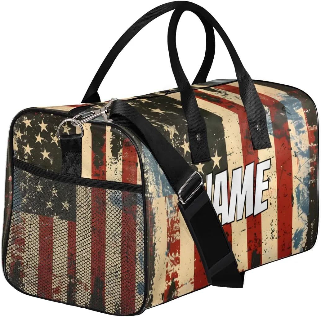 Personalized American Flag Travel Duffel Bag with Name, Custom Gym Sport Bag 4th of July Memorial Day Carry On Weekend Overnight Duffel Bag for Men Women