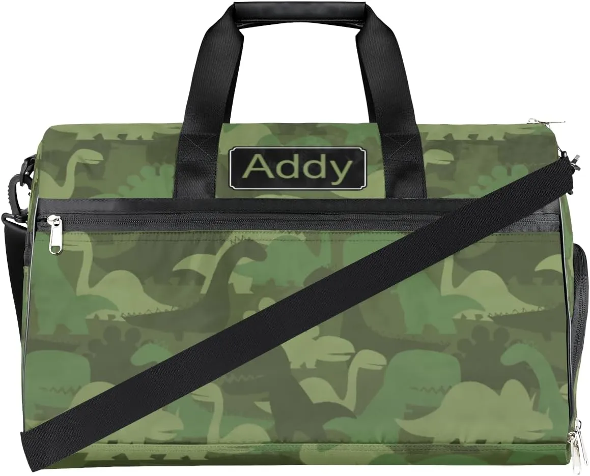 Personalized Animal Dinosaur Sport Duffel Bag for Boys Girls Women Men, Custom Name Military Camo Gym Duffle Bag with Shoes Compartment Dance Bag Overnight Weekender Bag