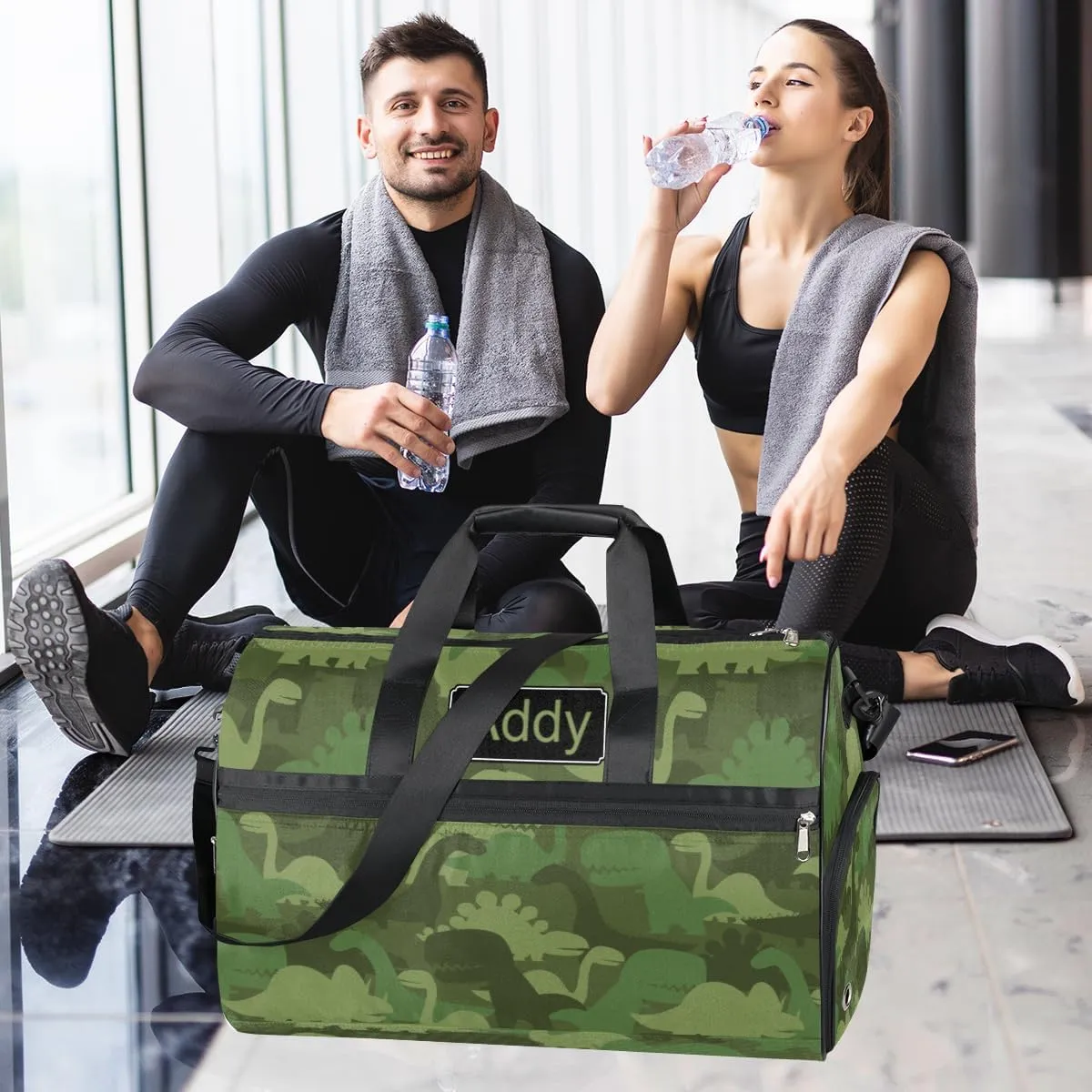 Personalized Animal Dinosaur Sport Duffel Bag for Boys Girls Women Men, Custom Name Military Camo Gym Duffle Bag with Shoes Compartment Dance Bag Overnight Weekender Bag