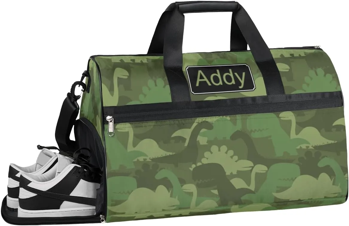 Personalized Animal Dinosaur Sport Duffel Bag for Boys Girls Women Men, Custom Name Military Camo Gym Duffle Bag with Shoes Compartment Dance Bag Overnight Weekender Bag