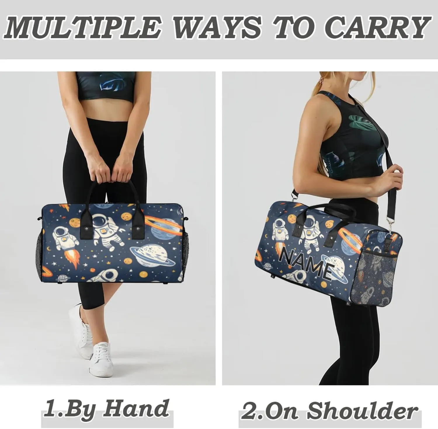 Personalized Astronaut Travel Duffel Bag with Name, Custom Gym Sport Bag Rocket Planets Carry On Weekend Overnight Duffel Bag for Men Women