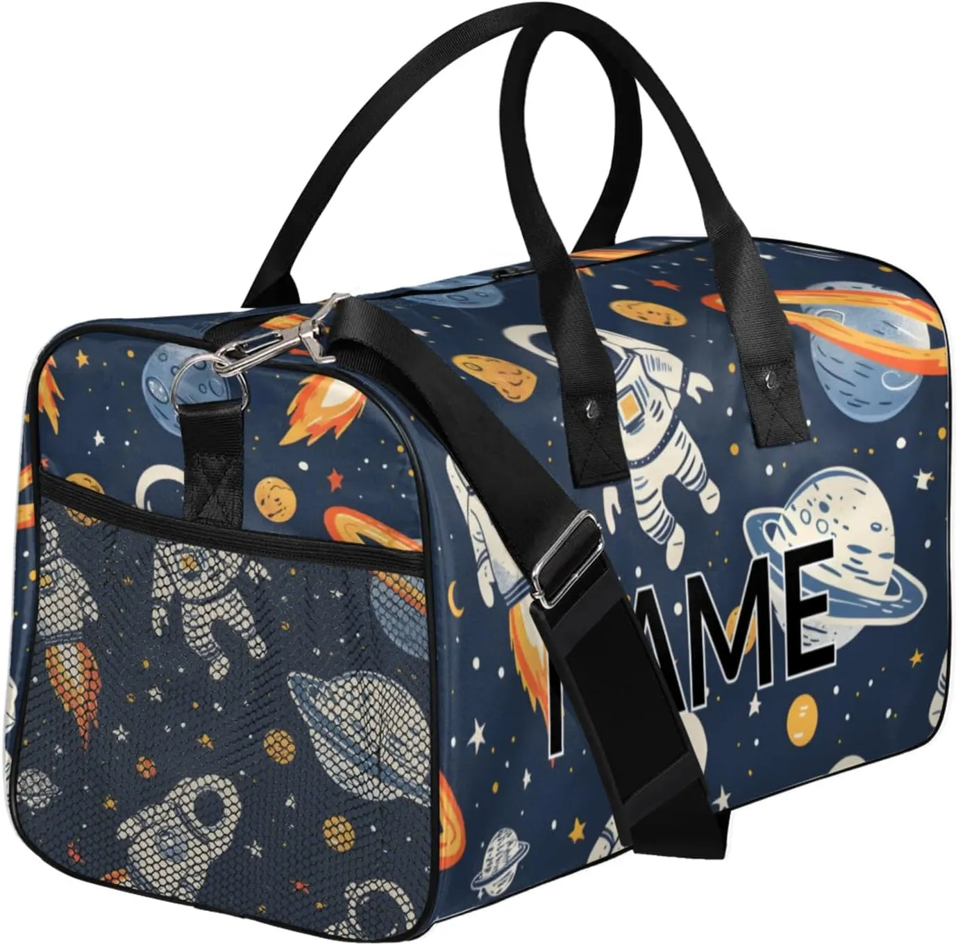 Personalized Astronaut Travel Duffel Bag with Name, Custom Gym Sport Bag Rocket Planets Carry On Weekend Overnight Duffel Bag for Men Women