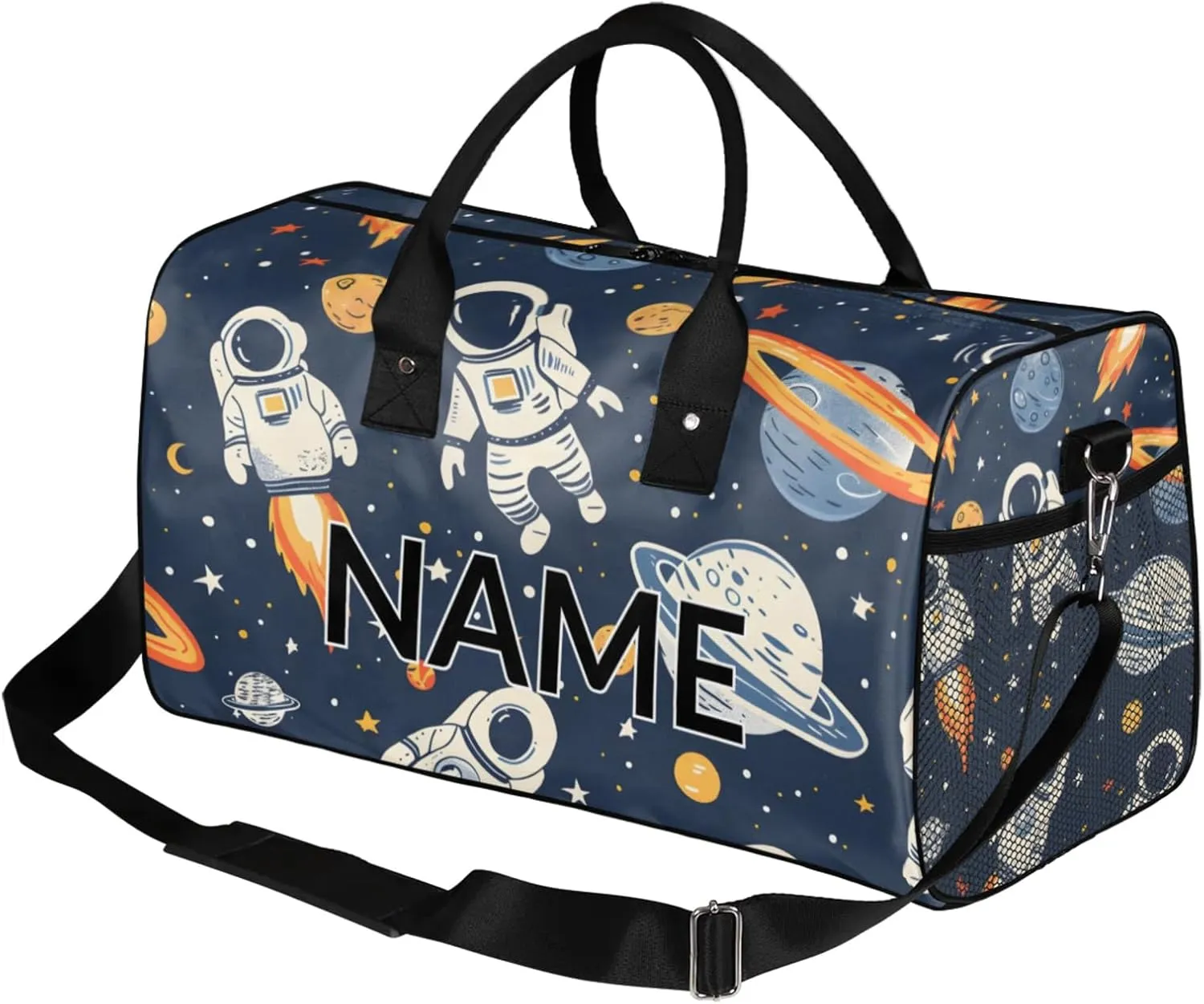 Personalized Astronaut Travel Duffel Bag with Name, Custom Gym Sport Bag Rocket Planets Carry On Weekend Overnight Duffel Bag for Men Women
